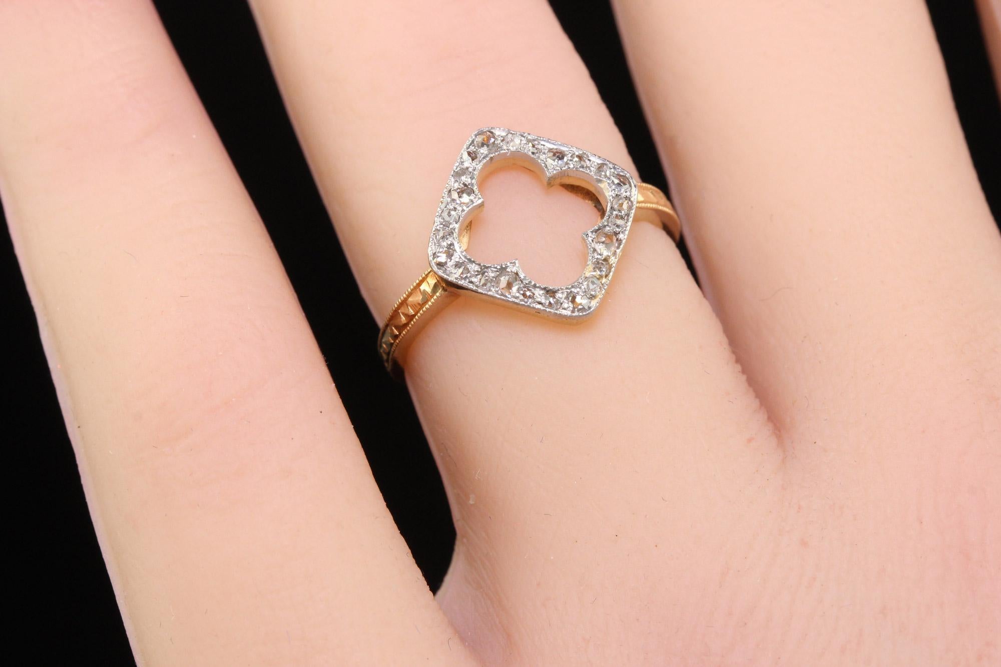 Antique Edwardian 14K Yellow Gold Platinum Top Rose Cut Diamond Clover Ring For Sale 5