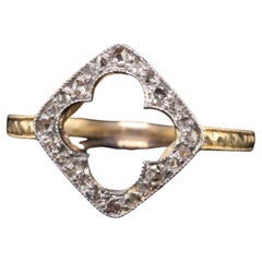 Antique Edwardian 14K Yellow Gold Platinum Top Rose Cut Diamond Clover Ring
