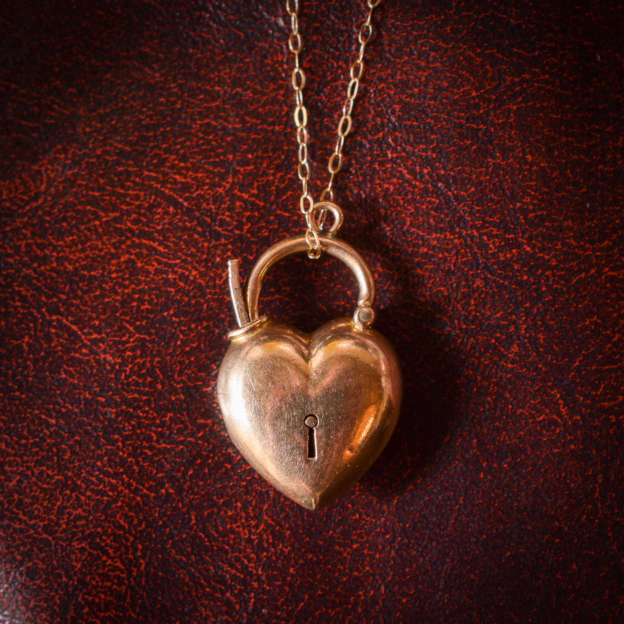 Antique Edwardian 15 Karat Gold Puffed Heart Padlock Pendant 1