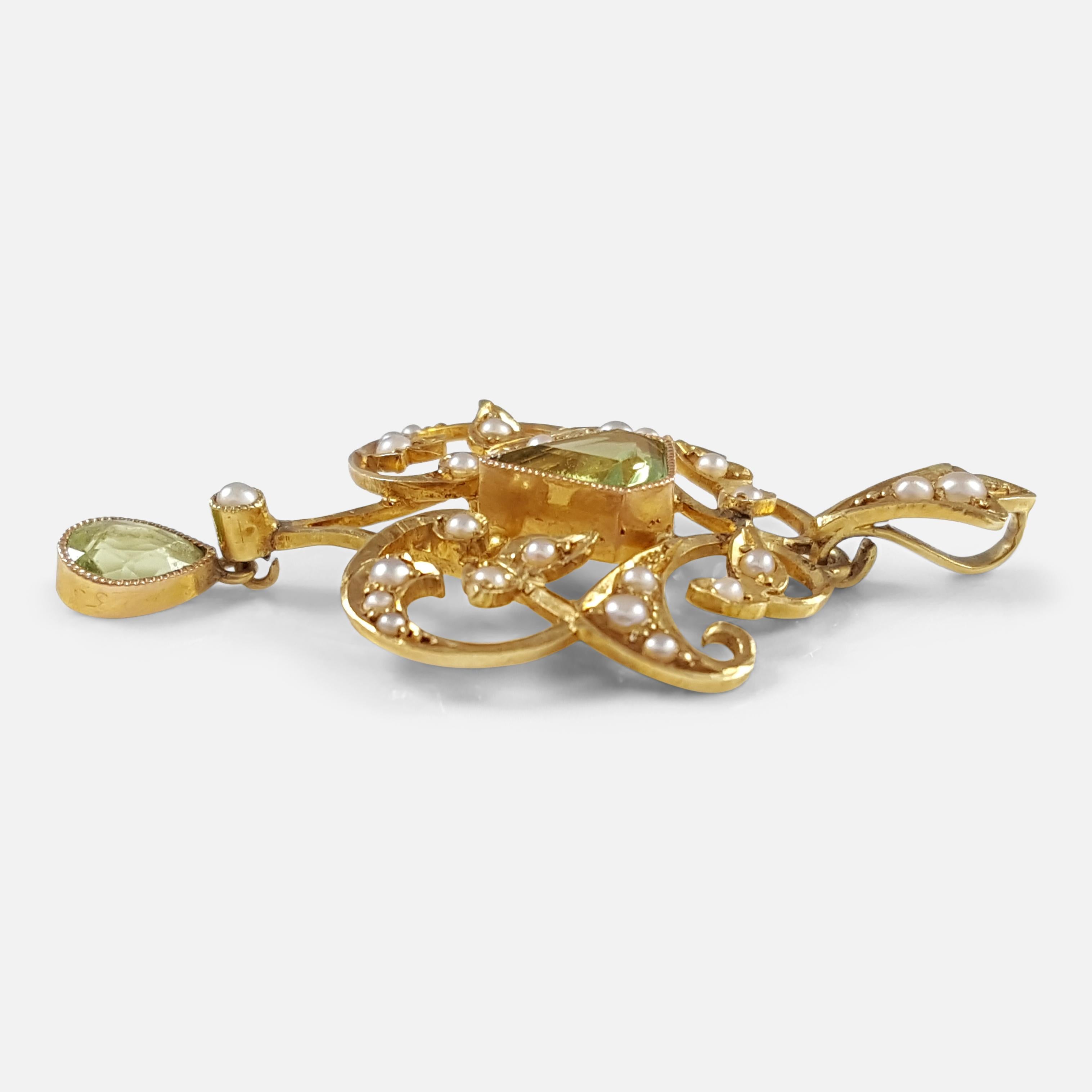 Women's Antique Edwardian 15 Karat Yellow Gold Peridot and Seed Pearl Pendant