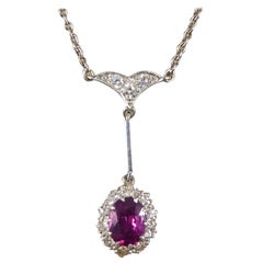 Antique Edwardian 1.50 Carat Ruby & Diamond Drop Pendant, 18 Carat Gold Chain