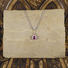 Antique Edwardian 1.50 Carat Ruby & Diamond Drop Pendant, 18 Carat Gold Chain