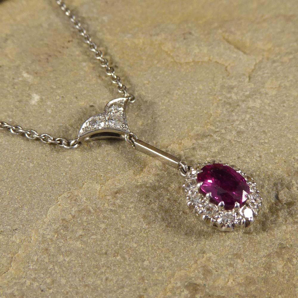 Oval Cut Antique Edwardian 1.50 Carat Ruby & Diamond Drop Pendant, 18 Carat Gold Chain