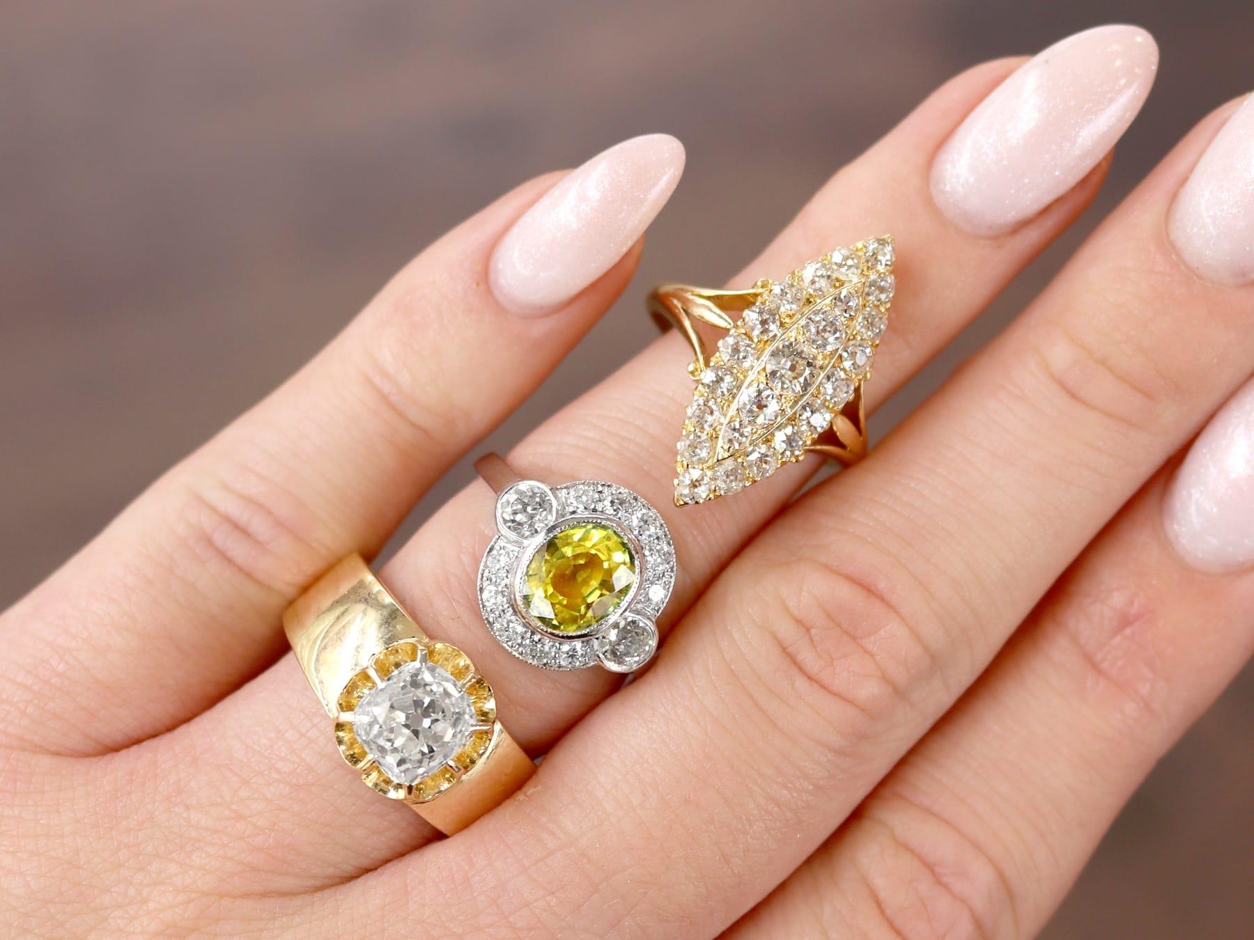Taille vieille Europe Bague ancienne Edwardienne 1.55Ct Diamant et or jaune 18k Marquise (1903) en vente