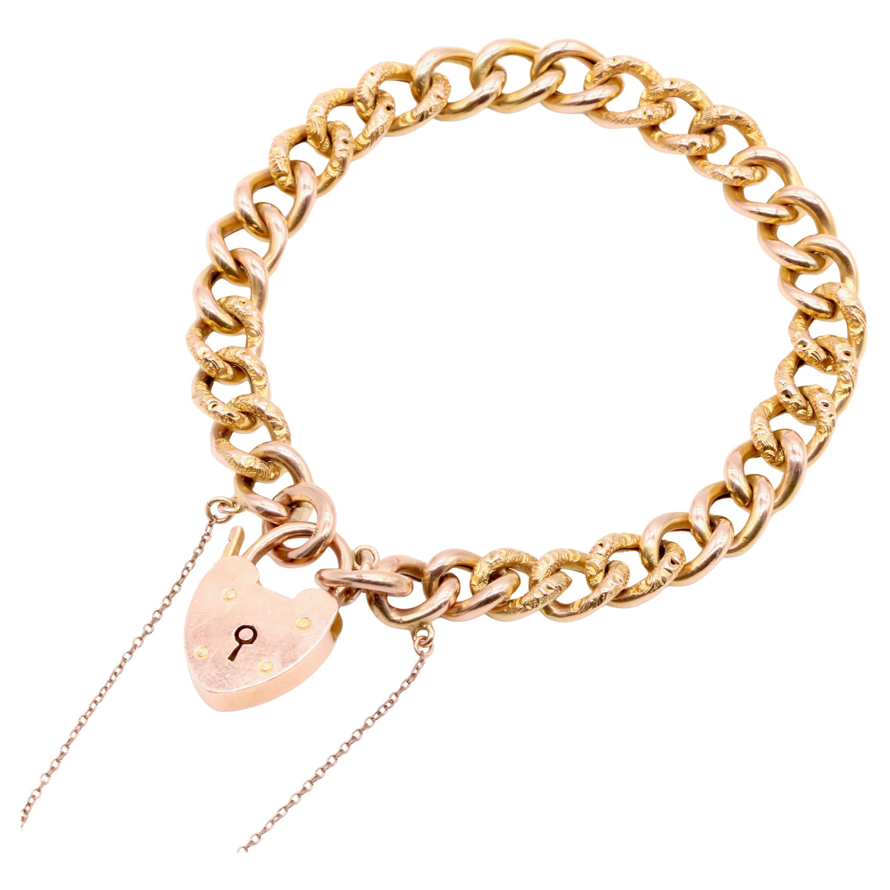 Antique Edwardian 15.6g 9K Gold Curb Chased Link Bracelet with Heart Padlock For Sale