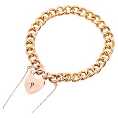 Antique Edwardian 15.6g 9K Gold Curb Chased Link Bracelet with Heart Padlock
