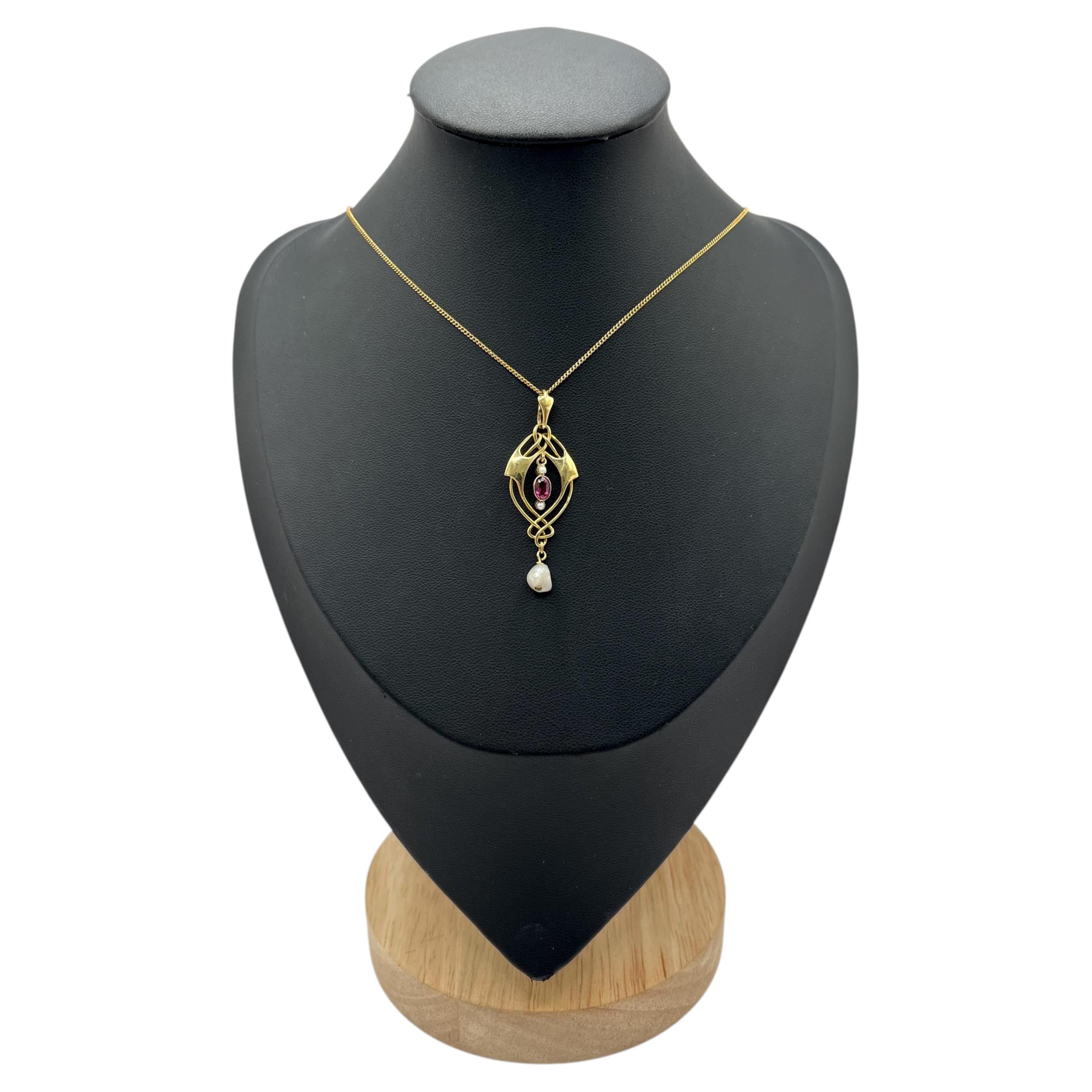 Antique Edwardian 15ct Gold Garnet and Seed Pearl Pendent For Sale