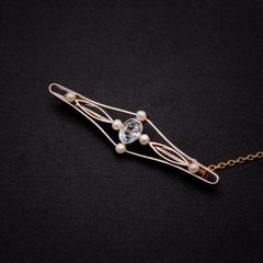 Antique Edwardian 15K Gold 0.49ct Aquamarine and Pearl Openwork Brooch