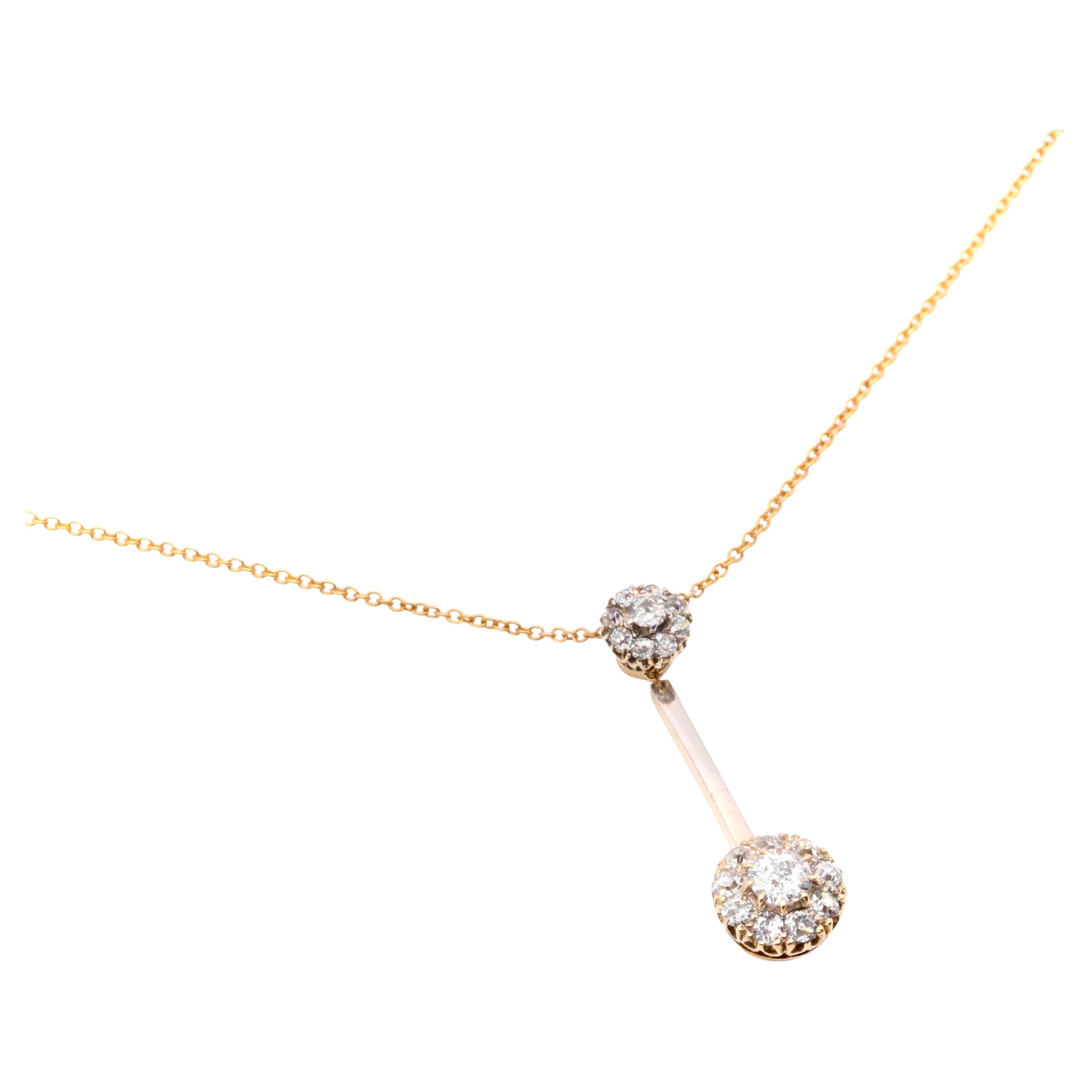 Antique Edwardian 15K Gold 0.65ctw Old Cut Diamond Cluster Drop Necklace