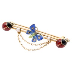 Antique Edwardian 15K Gold Diamond & Pearl Enamel Butterfly and Ladybird Brooch