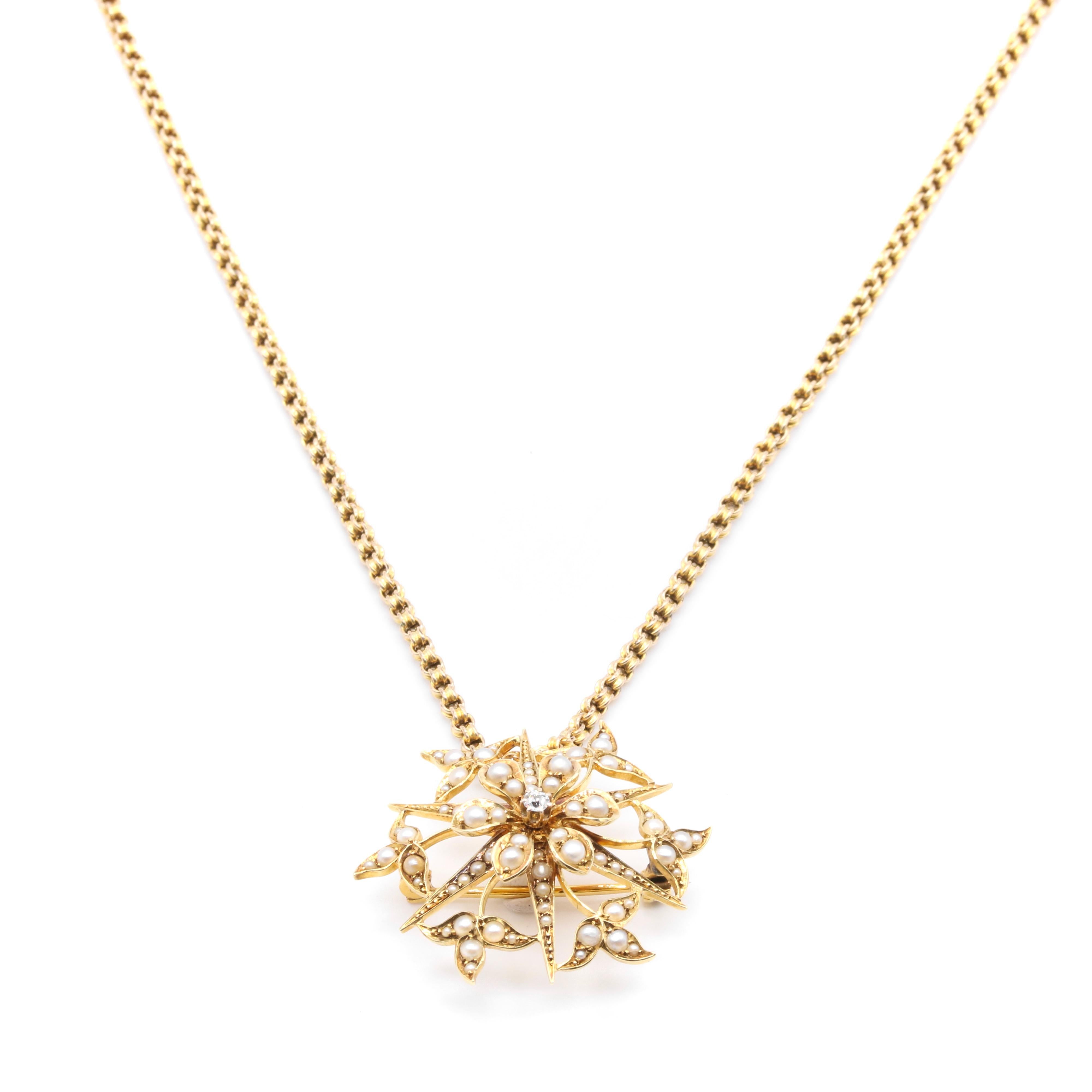 Antique Edwardian 15K Gold Pearl and Diamond Floral Star Brooch and Pendant For Sale 4