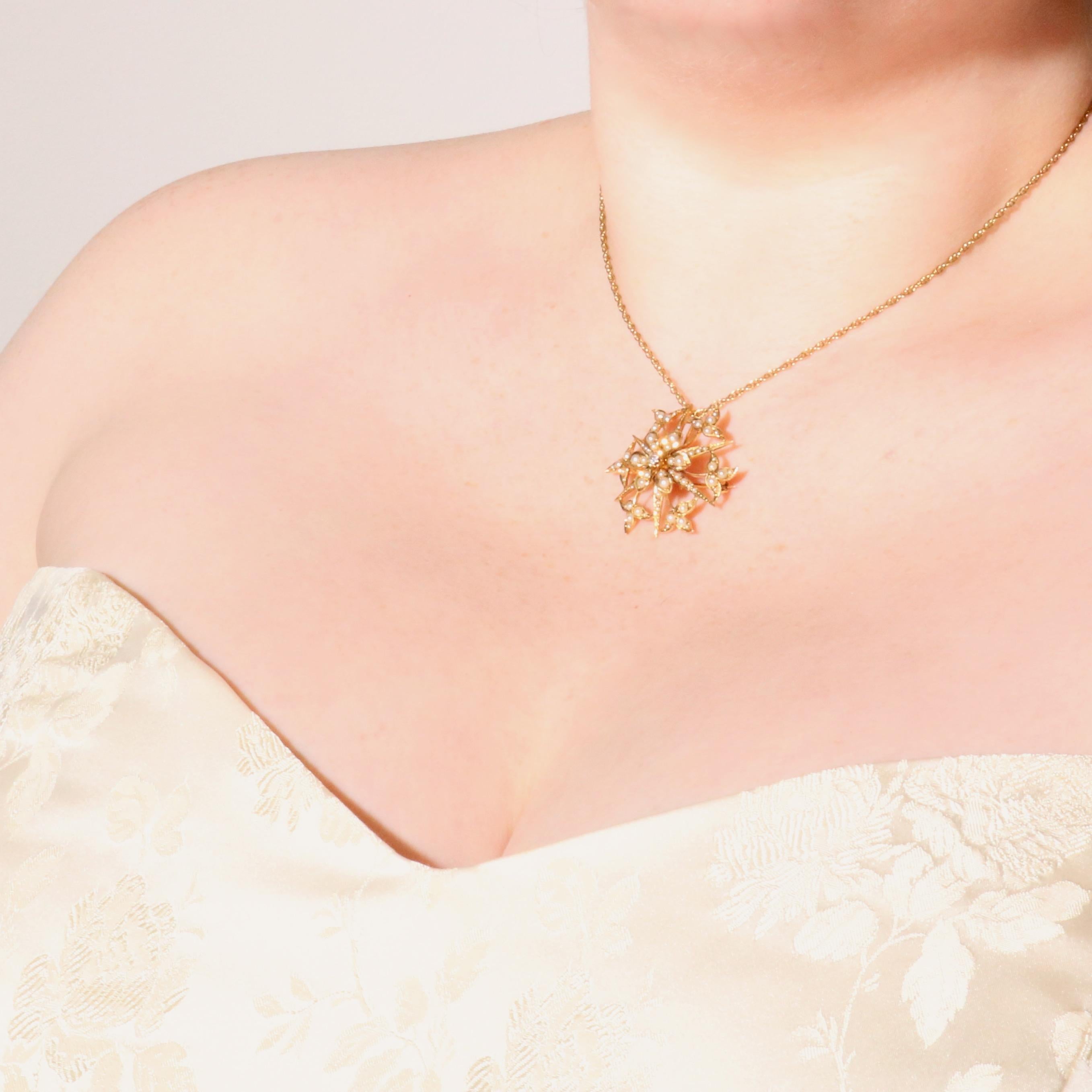 Antique Edwardian 15K Gold Pearl and Diamond Floral Star Brooch and Pendant For Sale 5