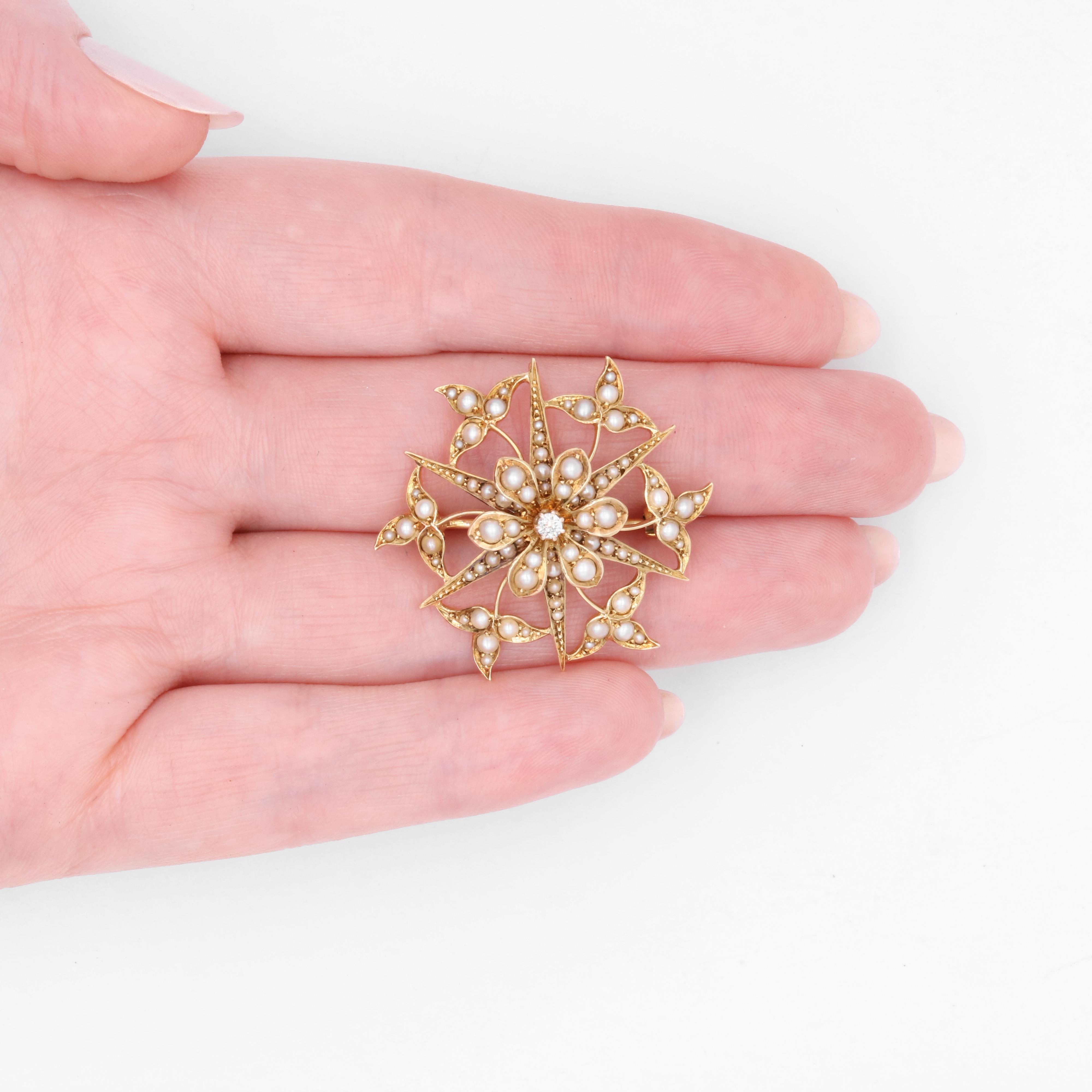 Antique Edwardian 15K Gold Pearl and Diamond Floral Star Brooch and Pendant For Sale 6
