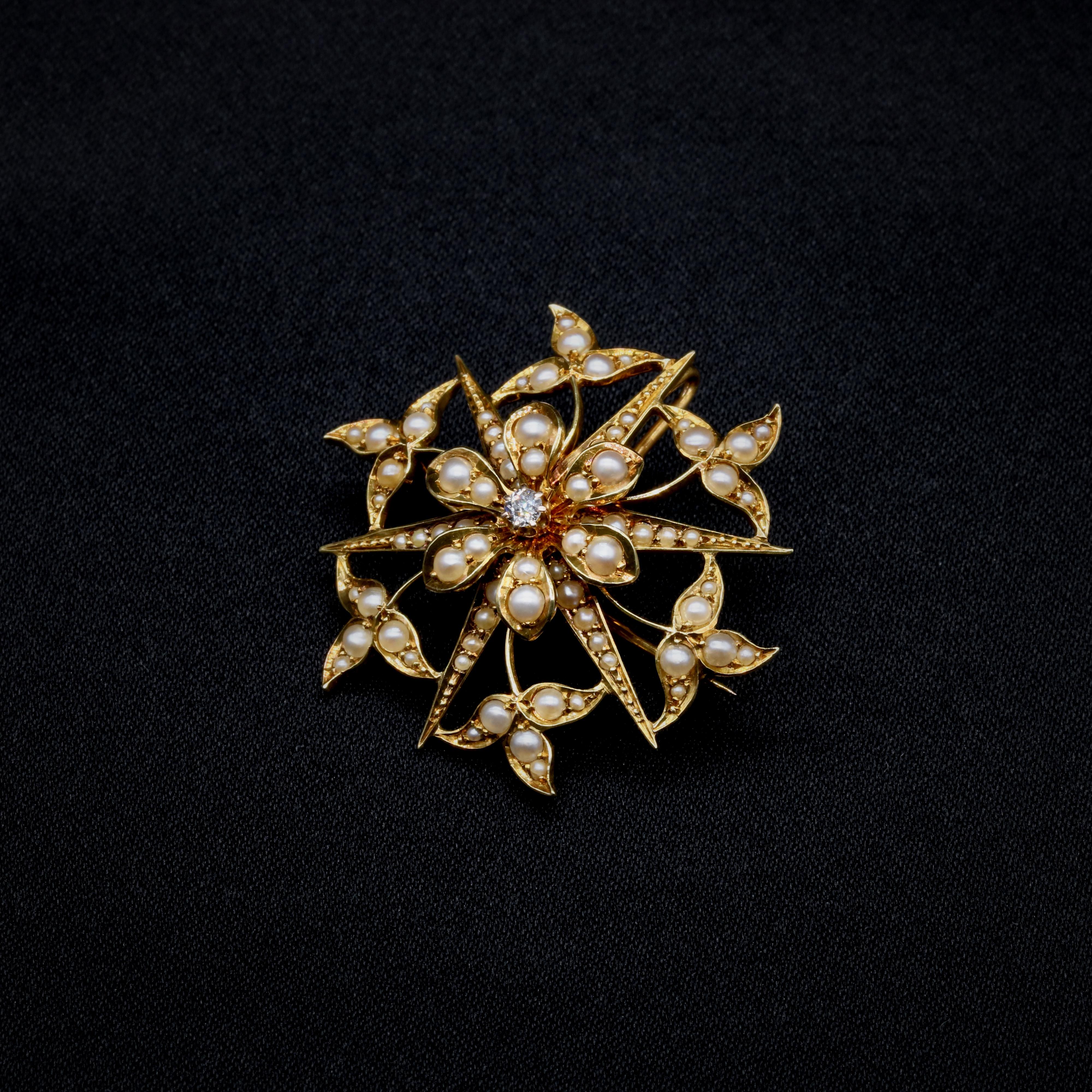 Victorian Antique Edwardian 15K Gold Pearl and Diamond Floral Star Brooch and Pendant For Sale