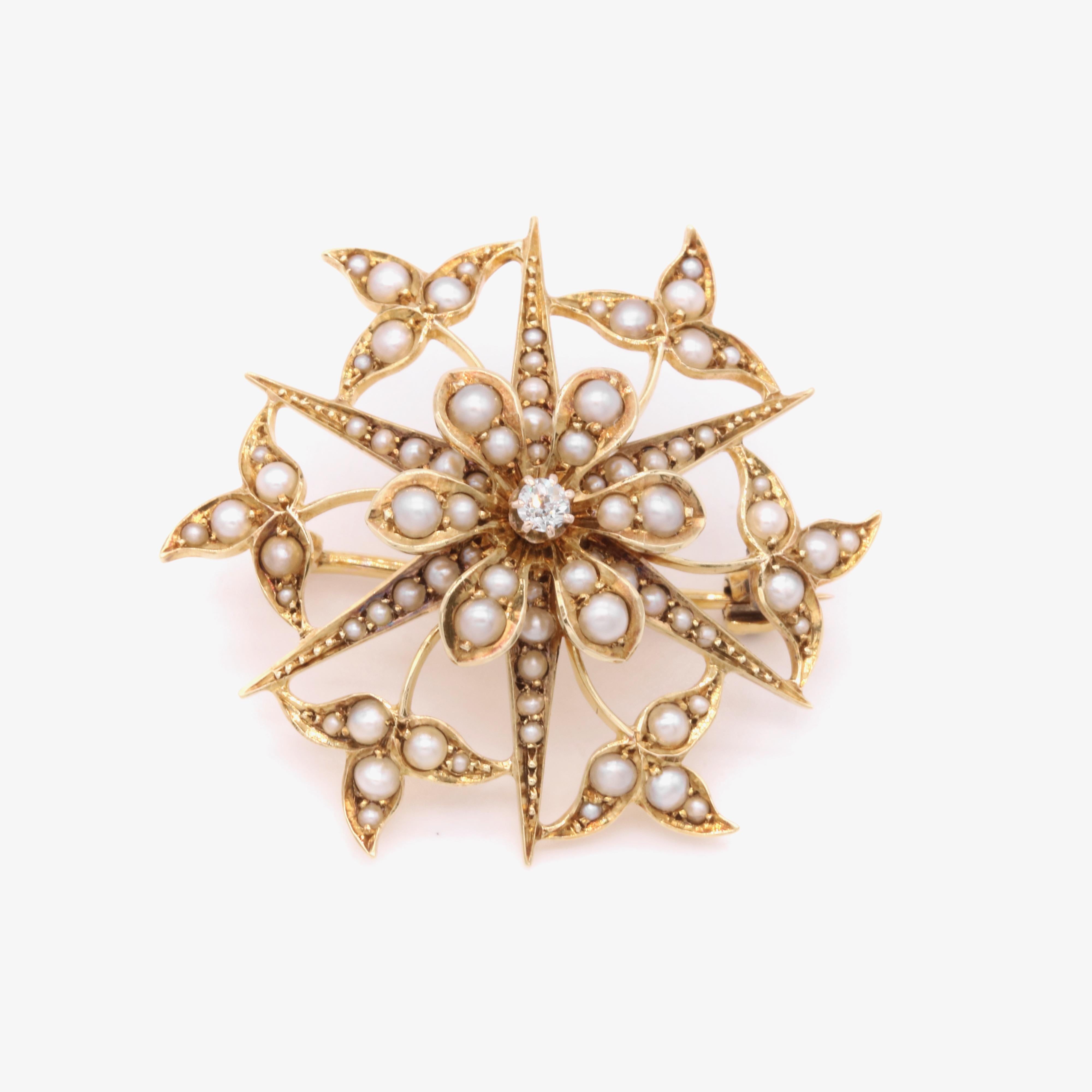 Old European Cut Antique Edwardian 15K Gold Pearl and Diamond Floral Star Brooch and Pendant For Sale