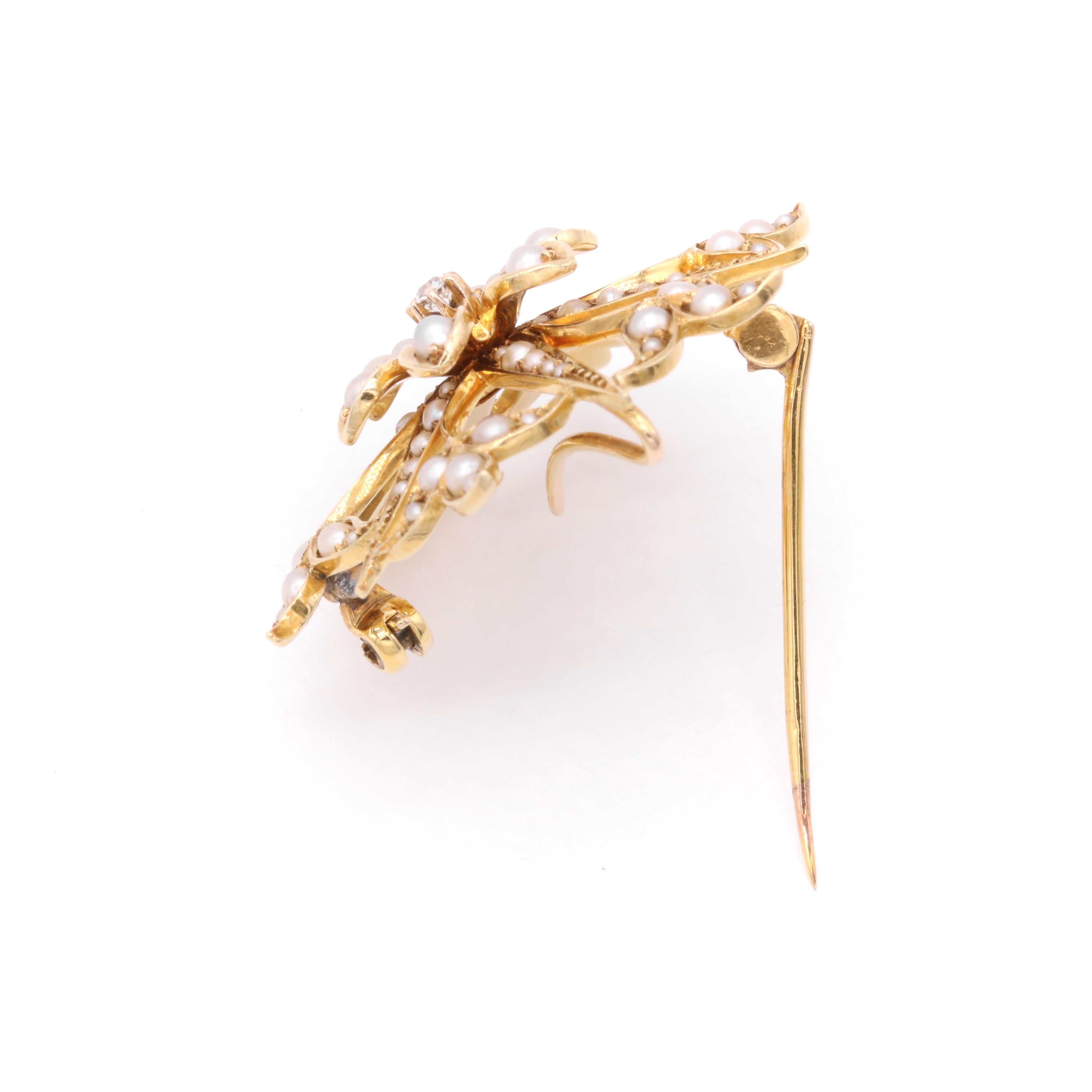 Antique Edwardian 15K Gold Pearl and Diamond Floral Star Brooch and Pendant For Sale 1