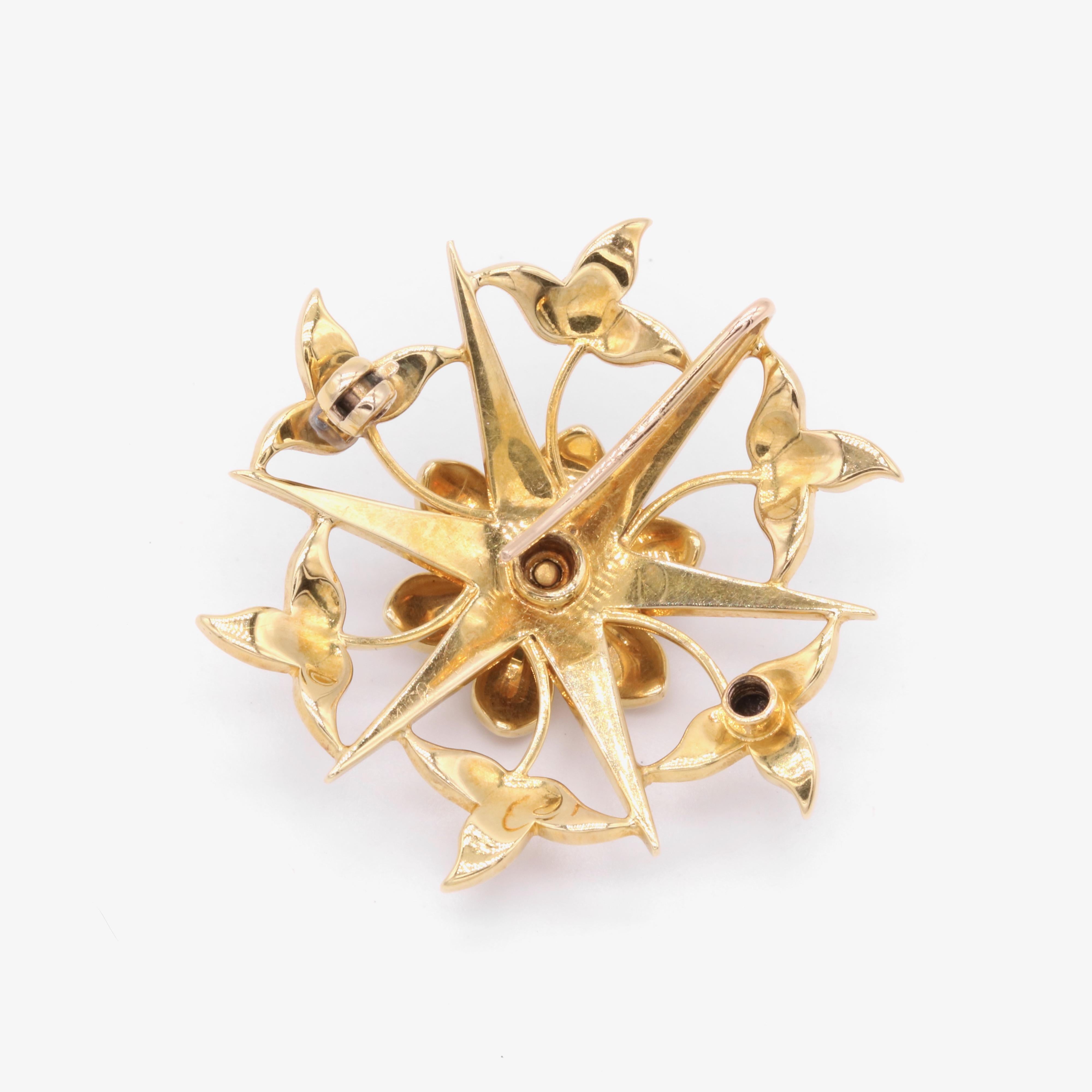 Antique Edwardian 15K Gold Pearl and Diamond Floral Star Brooch and Pendant For Sale 2