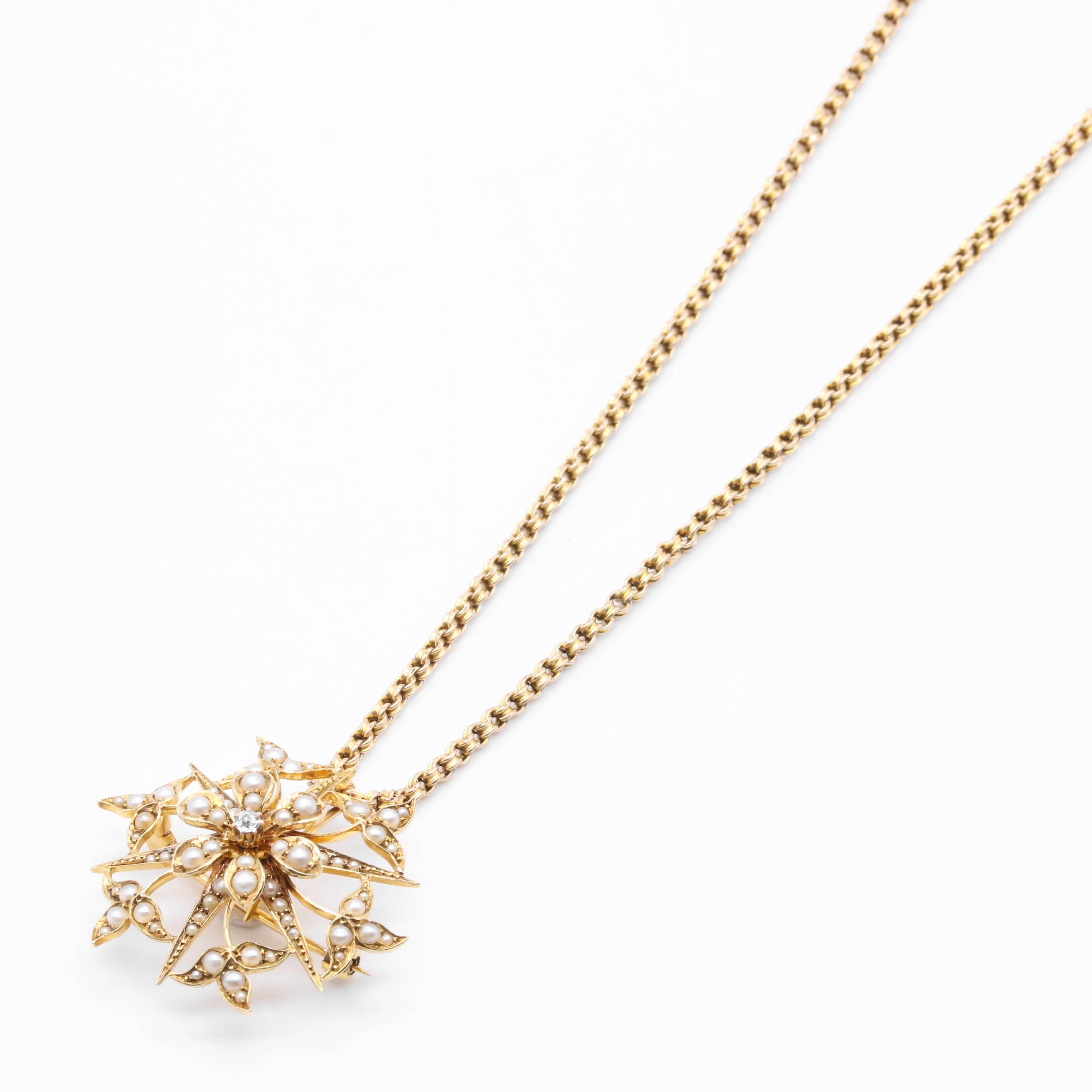 Antique Edwardian 15K Gold Pearl and Diamond Floral Star Brooch and Pendant For Sale 3