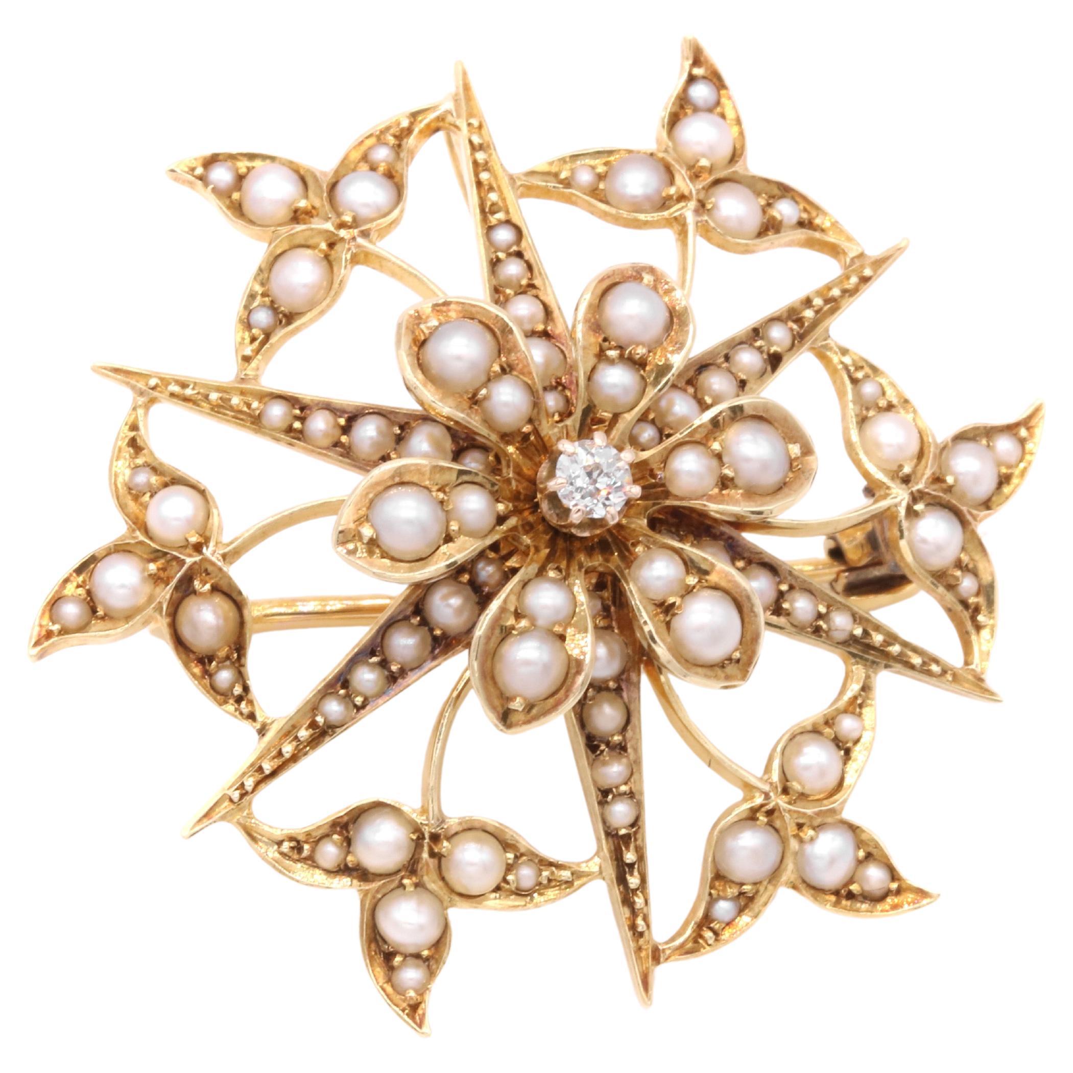 Antique Edwardian 15K Gold Pearl and Diamond Floral Star Brooch and Pendant