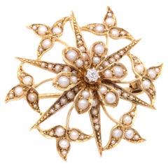 Broche et pendentif étoile florale en or 15K perle et diamant de style édouardien ancien