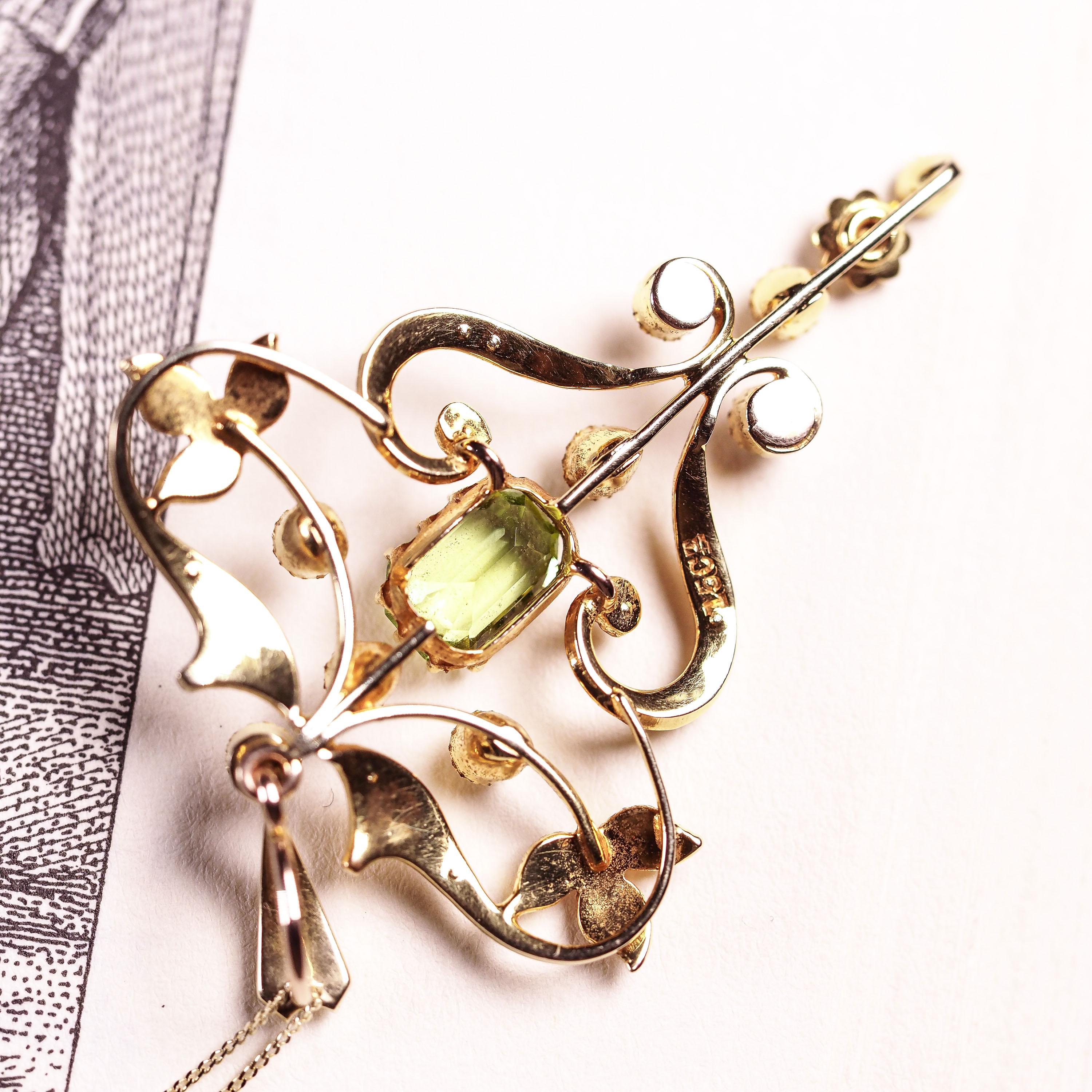 Antique Edwardian 15K Gold Peridot & Pearl Necklace/Pendant - c.1910 4