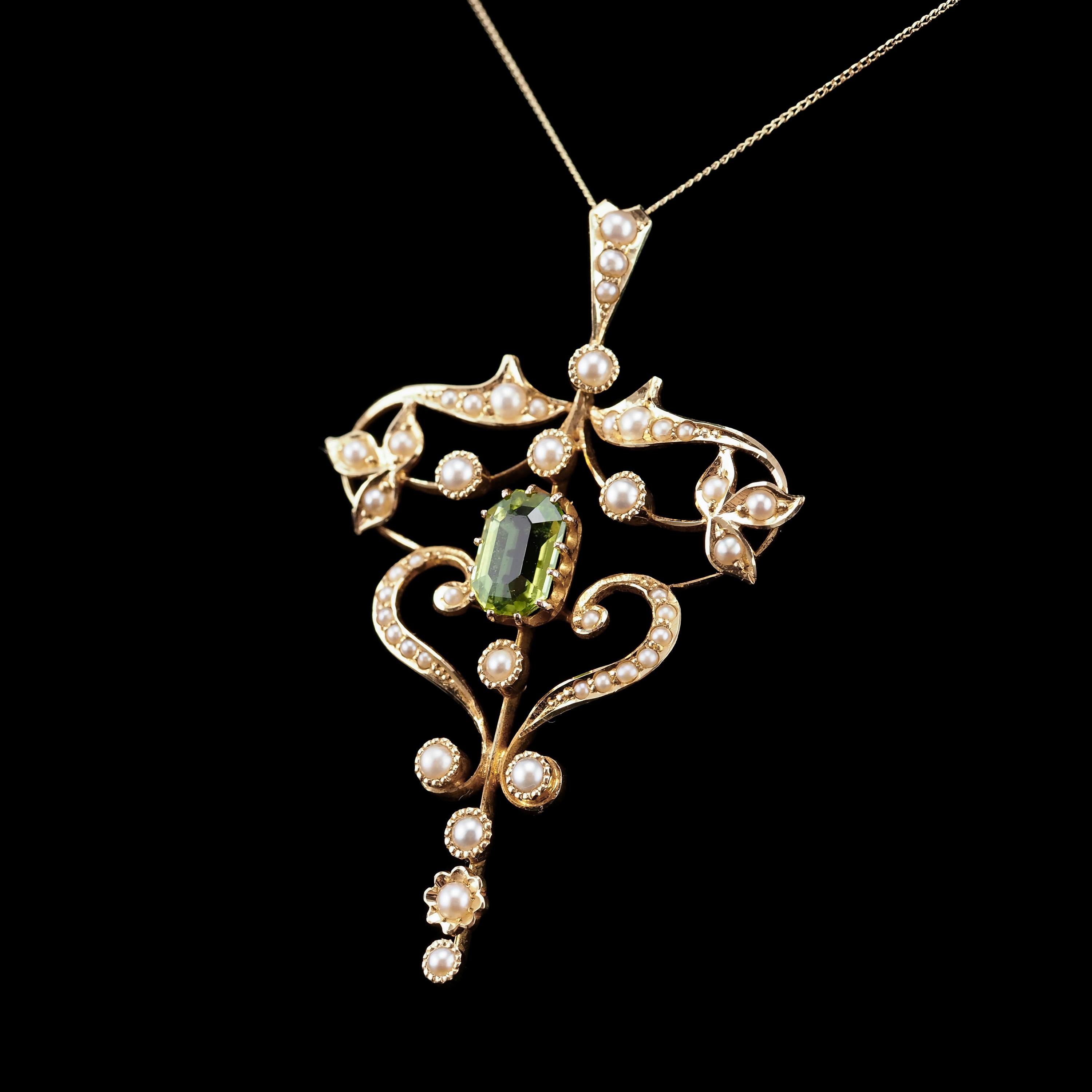 Emerald Cut Antique Edwardian 15K Gold Peridot & Pearl Necklace/Pendant - c.1910