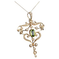 Antique Edwardian 15K Gold Peridot & Pearl Necklace/Pendant - c.1910