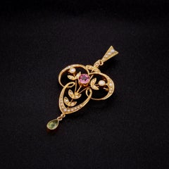 Antique Edwardian 15K Gold Pink Tourmaline, Peridot and Pearl Pendant and Brooch