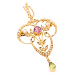 Antique Edwardian 15K Gold Pink Tourmaline, Peridot and Pearl Pendant and Brooch