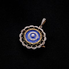 Antique Edwardian 15K Gold & Platinum Blue Enamel Diamond & Pearl Pendant Brooch