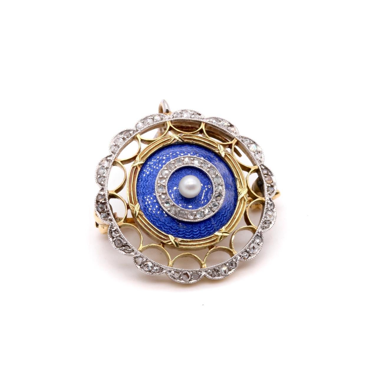Antique Edwardian 15K Gold & Platinum Blue Enamel Diamond & Pearl Pendant Brooch In Good Condition For Sale In Staines-Upon-Thames, GB