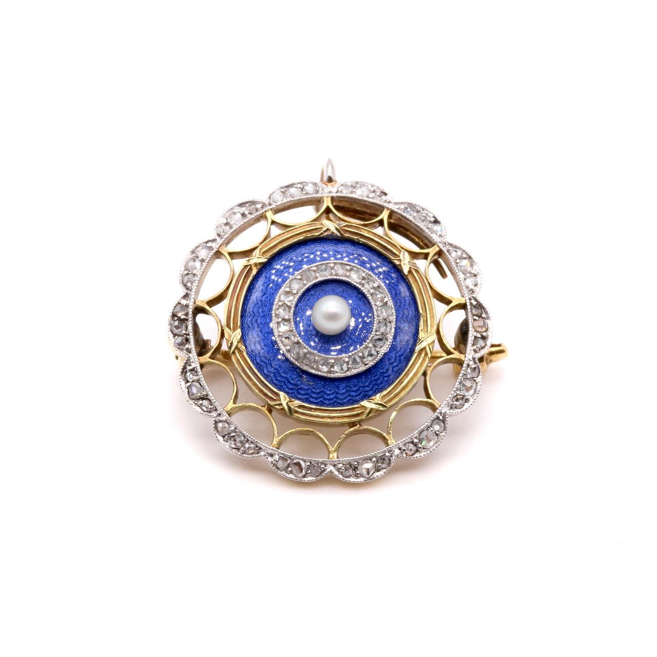 Women's or Men's Antique Edwardian 15K Gold & Platinum Blue Enamel Diamond & Pearl Pendant Brooch For Sale