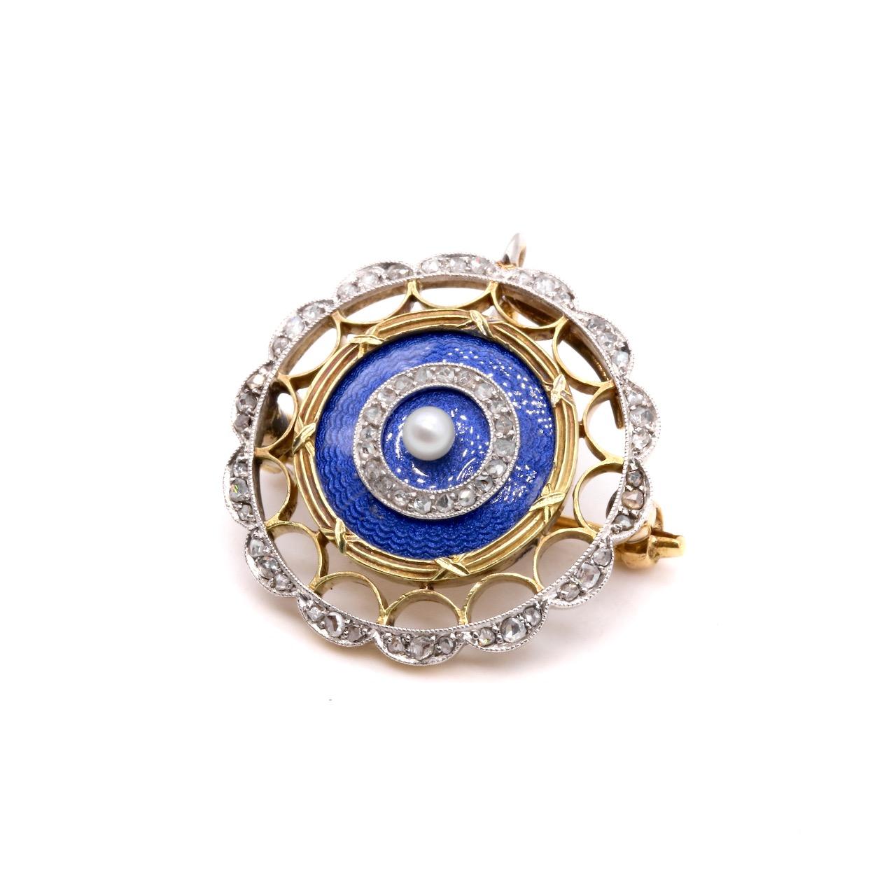 Antique Edwardian 15K Gold & Platinum Blue Enamel Diamond & Pearl Pendant Brooch For Sale 1