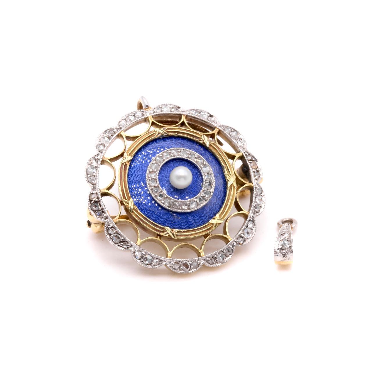Antique Edwardian 15K Gold & Platinum Blue Enamel Diamond & Pearl Pendant Brooch For Sale 2