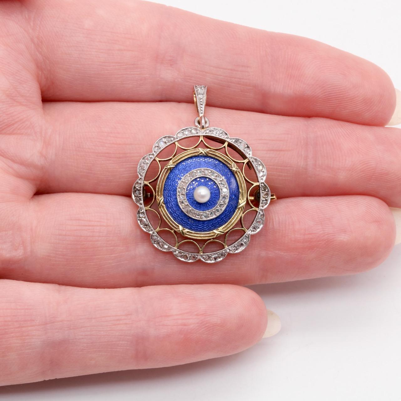 Antique Edwardian 15K Gold & Platinum Blue Enamel Diamond & Pearl Pendant Brooch For Sale 4
