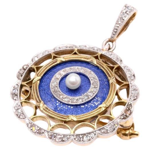 Antique Edwardian 15K Gold & Platinum Blue Enamel Diamond & Pearl Pendant Brooch