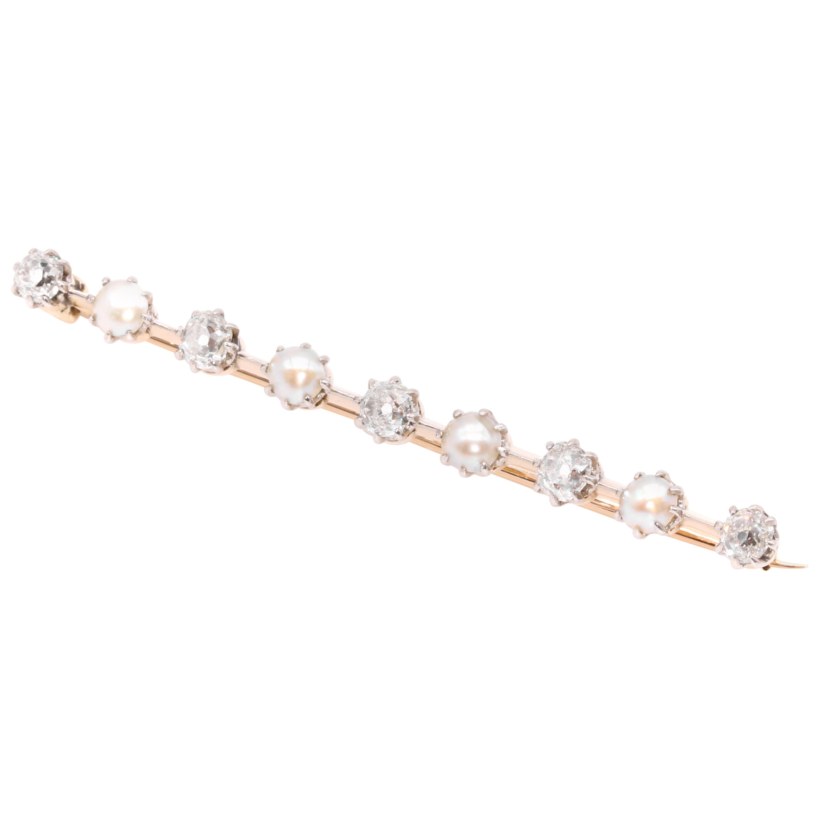 Antique Edwardian 15K Gold & Platinum Pearl and 1.21ctw Old Cut Diamond Brooch