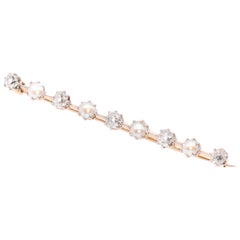 Antique Edwardian 15K Gold & Platinum Pearl and 1.21ctw Old Cut Diamond Brooch
