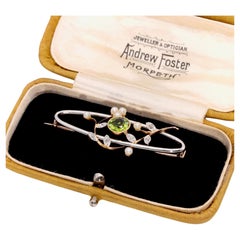Antique Edwardian 15K Gold & Platinum Peridot, Diamond and Pearl Brooch, in Case