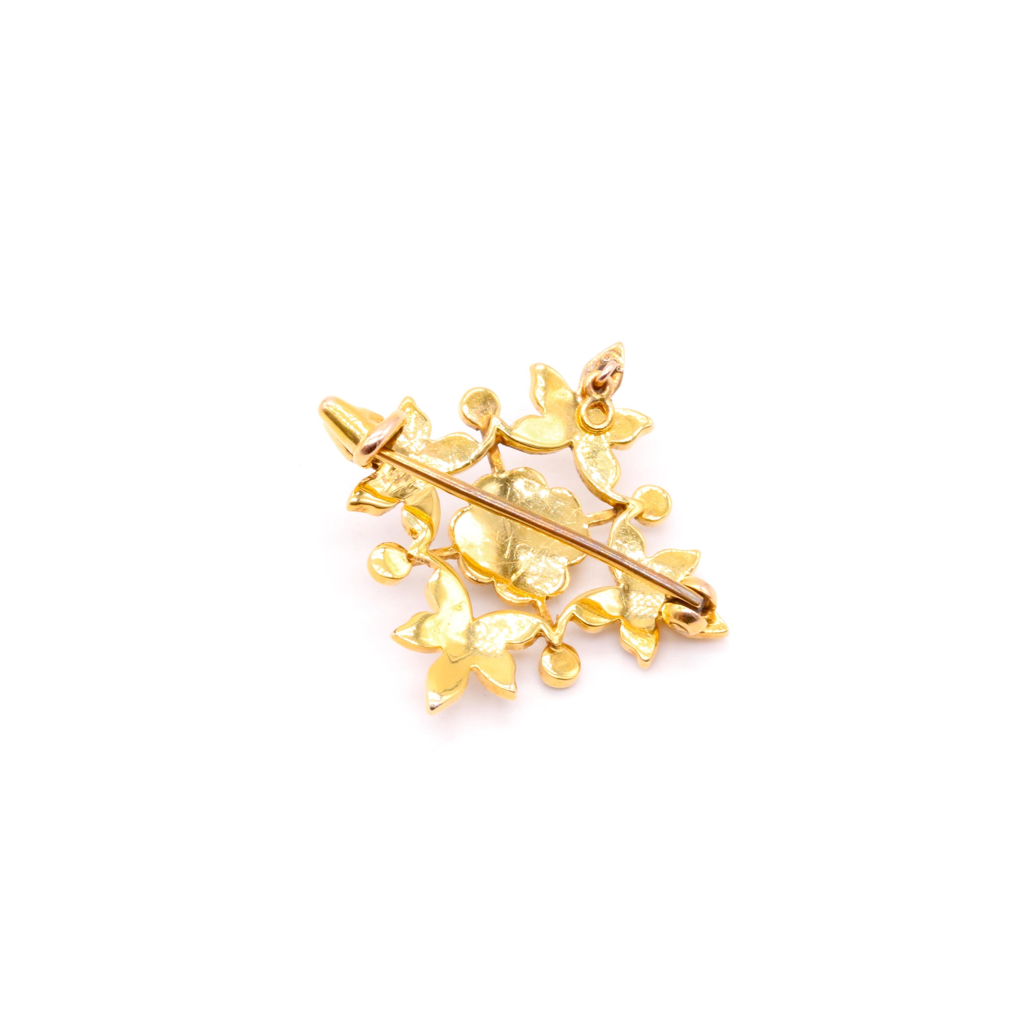 Antique Edwardian 15K Gold Seed Pearl Floral Necklace with Pendant & Brooch For Sale 5
