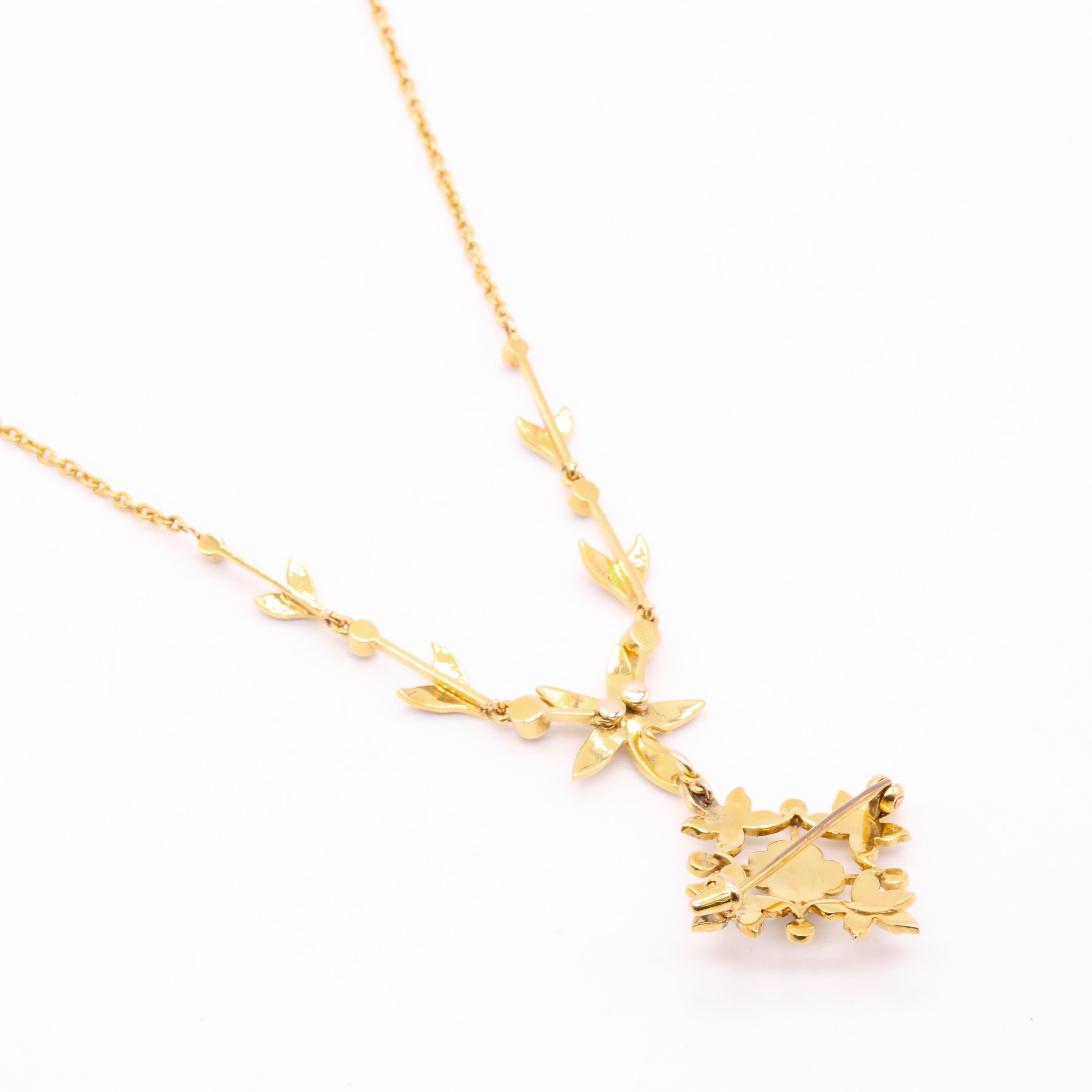 Antique Edwardian 15K Gold Seed Pearl Floral Necklace with Pendant & Brooch For Sale 6