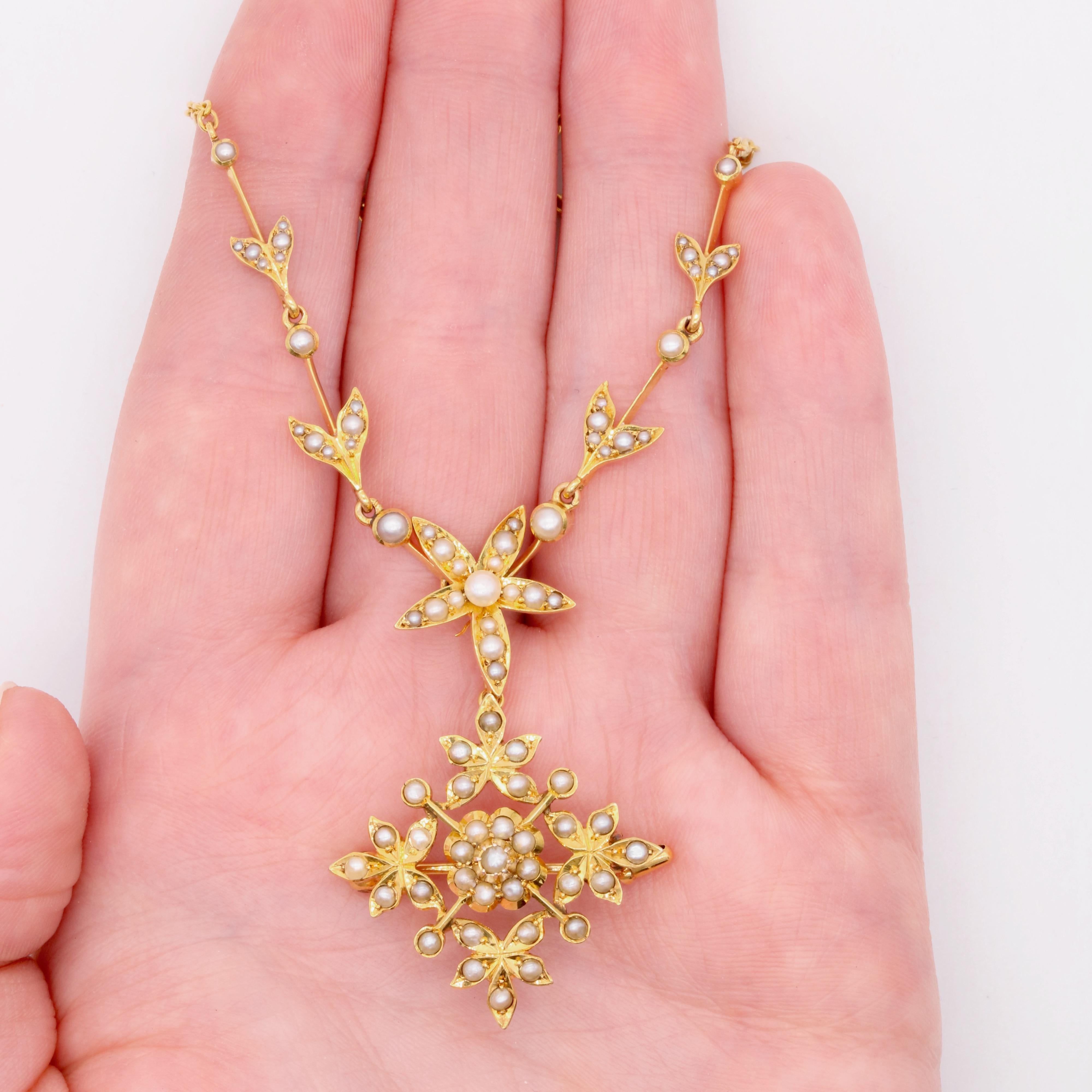 Antique Edwardian 15K Gold Seed Pearl Floral Necklace with Pendant & Brooch For Sale 7