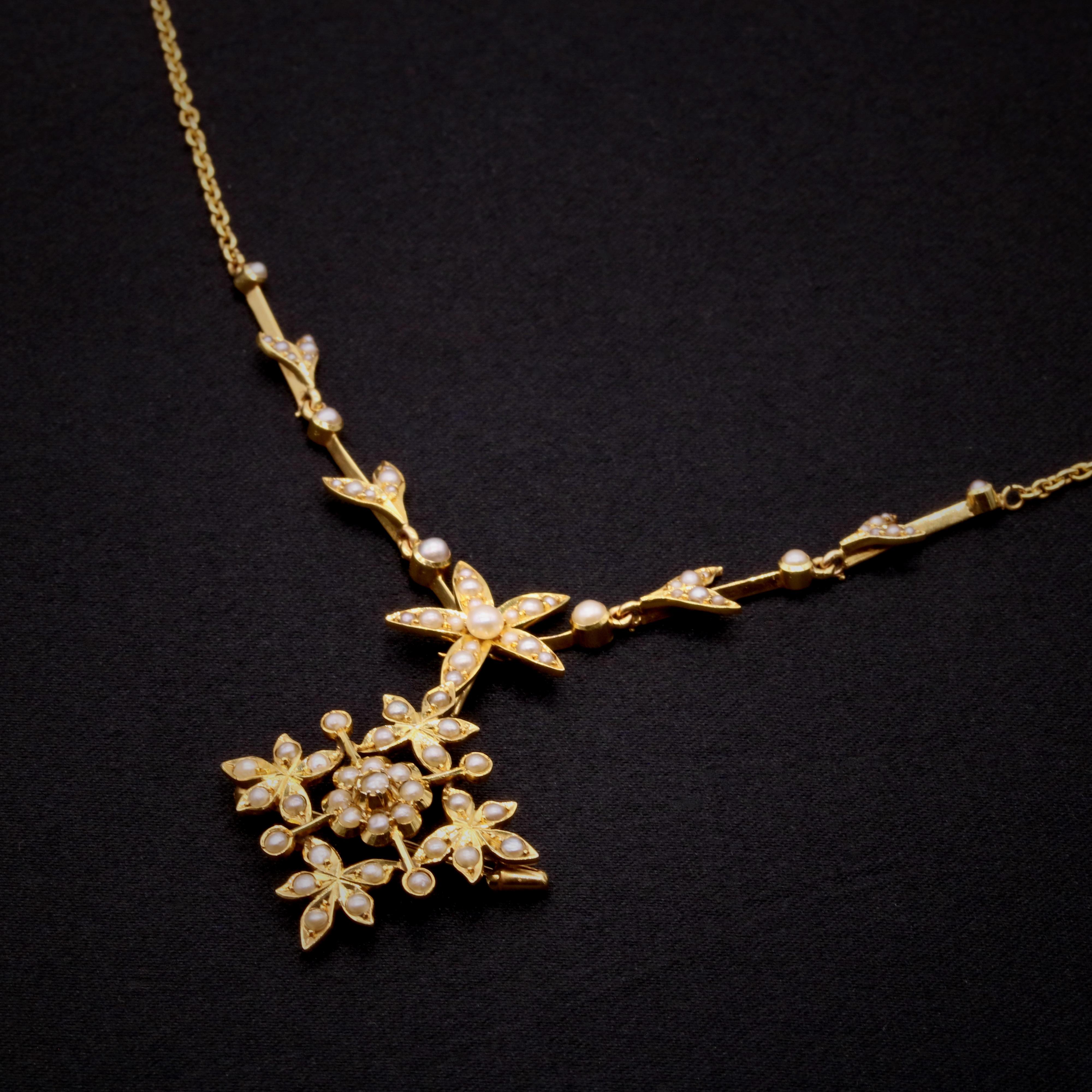 Round Cut Antique Edwardian 15K Gold Seed Pearl Floral Necklace with Pendant & Brooch For Sale