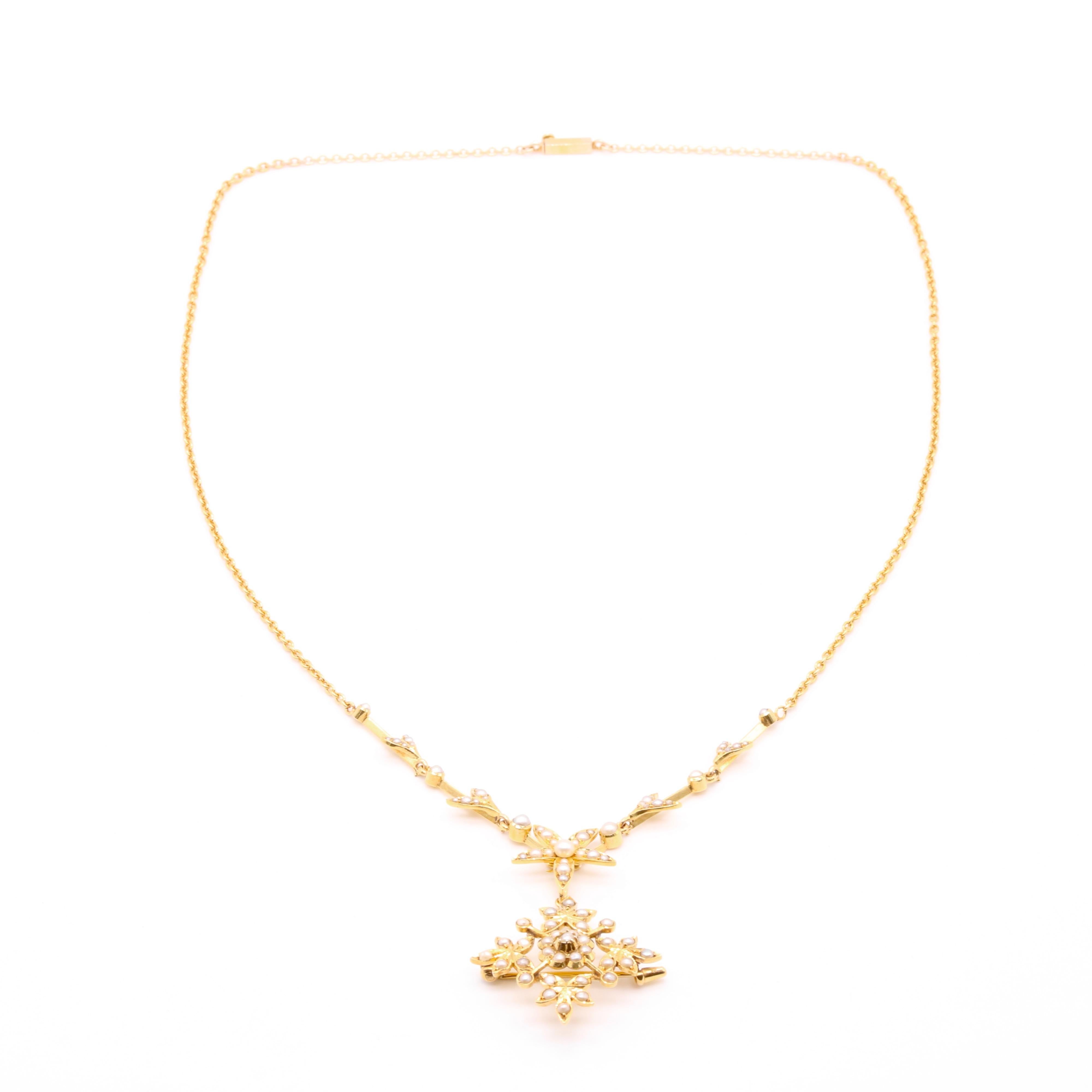 Antique Edwardian 15K Gold Seed Pearl Floral Necklace with Pendant & Brooch In Good Condition For Sale In Staines-Upon-Thames, GB