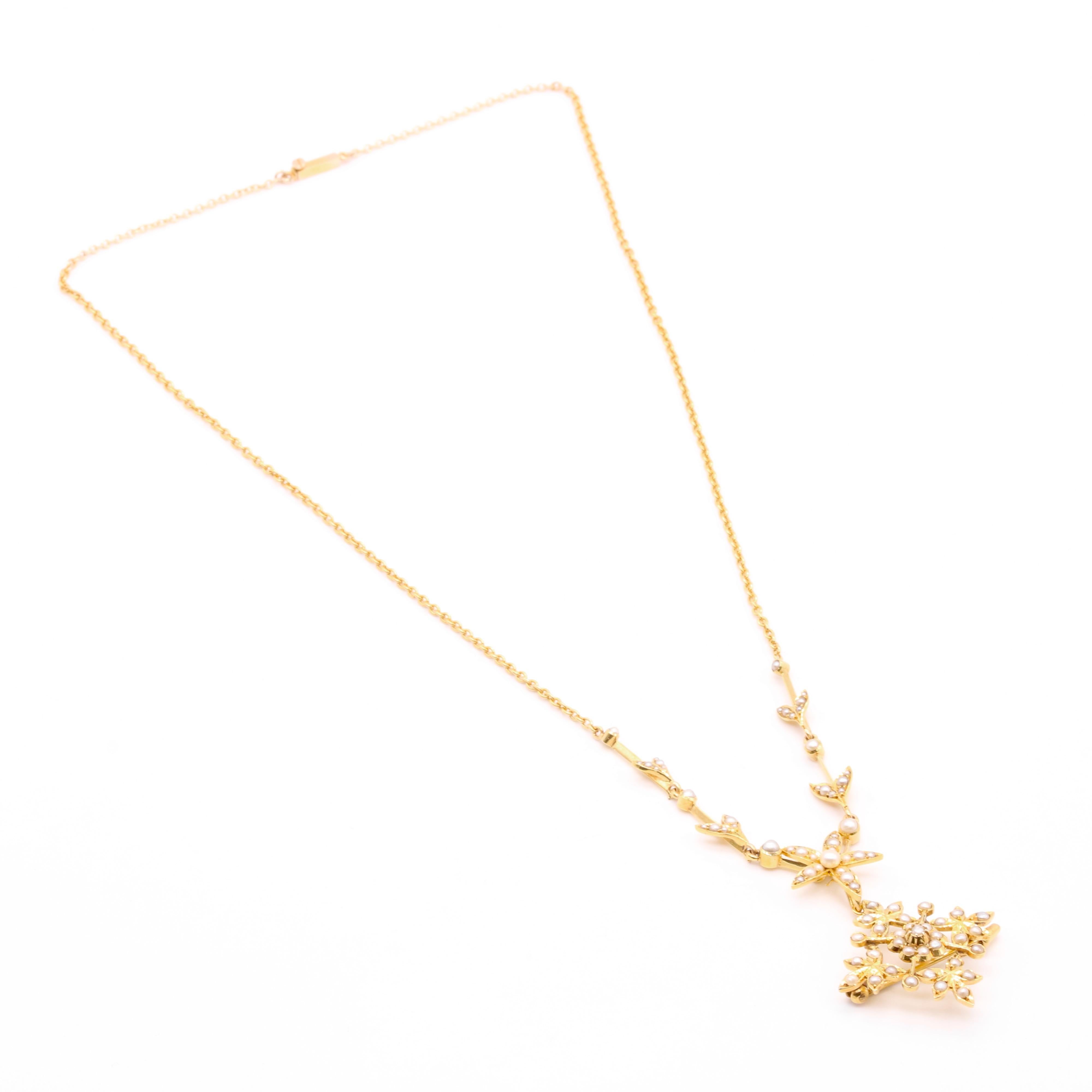 Women's or Men's Antique Edwardian 15K Gold Seed Pearl Floral Necklace with Pendant & Brooch For Sale