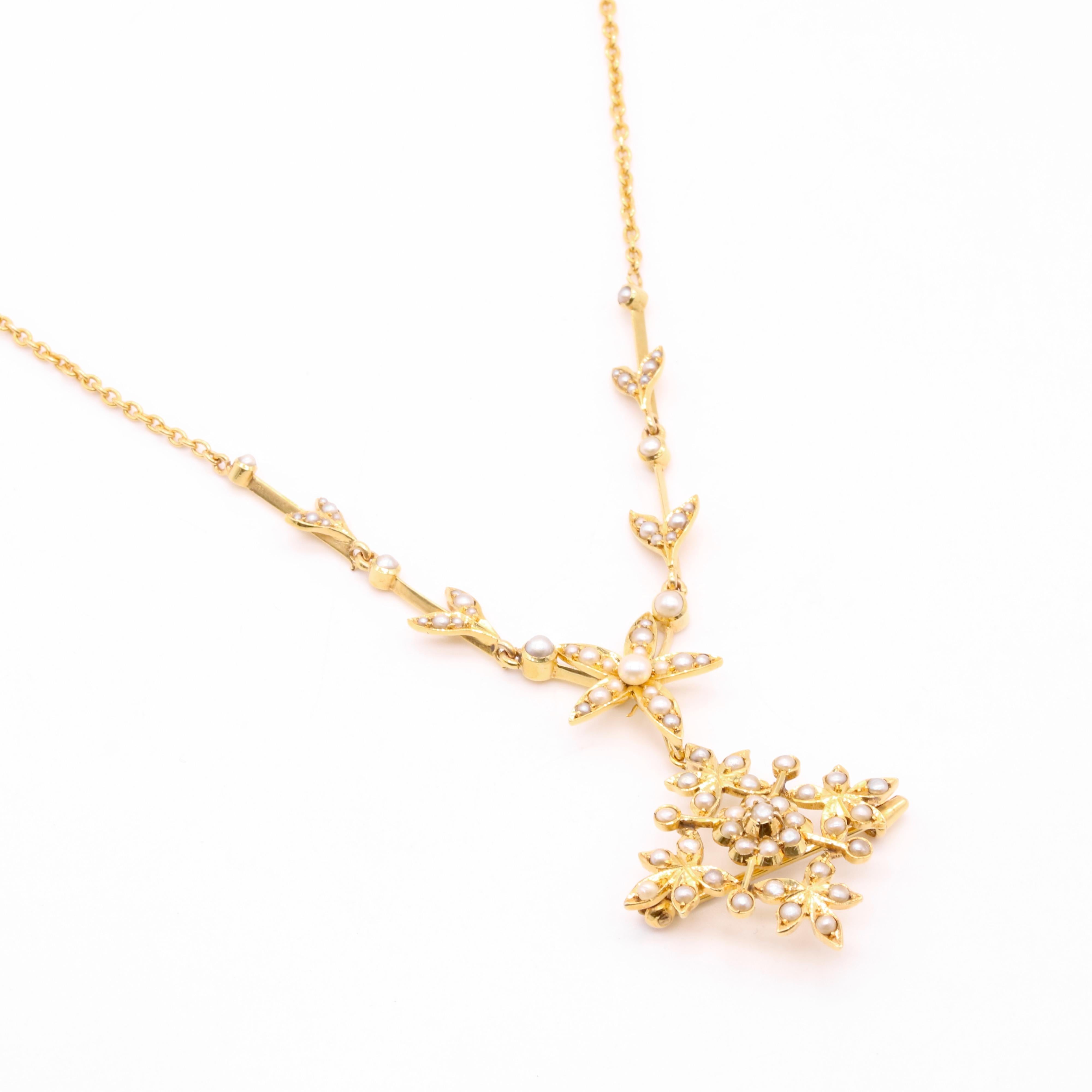 Antique Edwardian 15K Gold Seed Pearl Floral Necklace with Pendant & Brooch For Sale 1