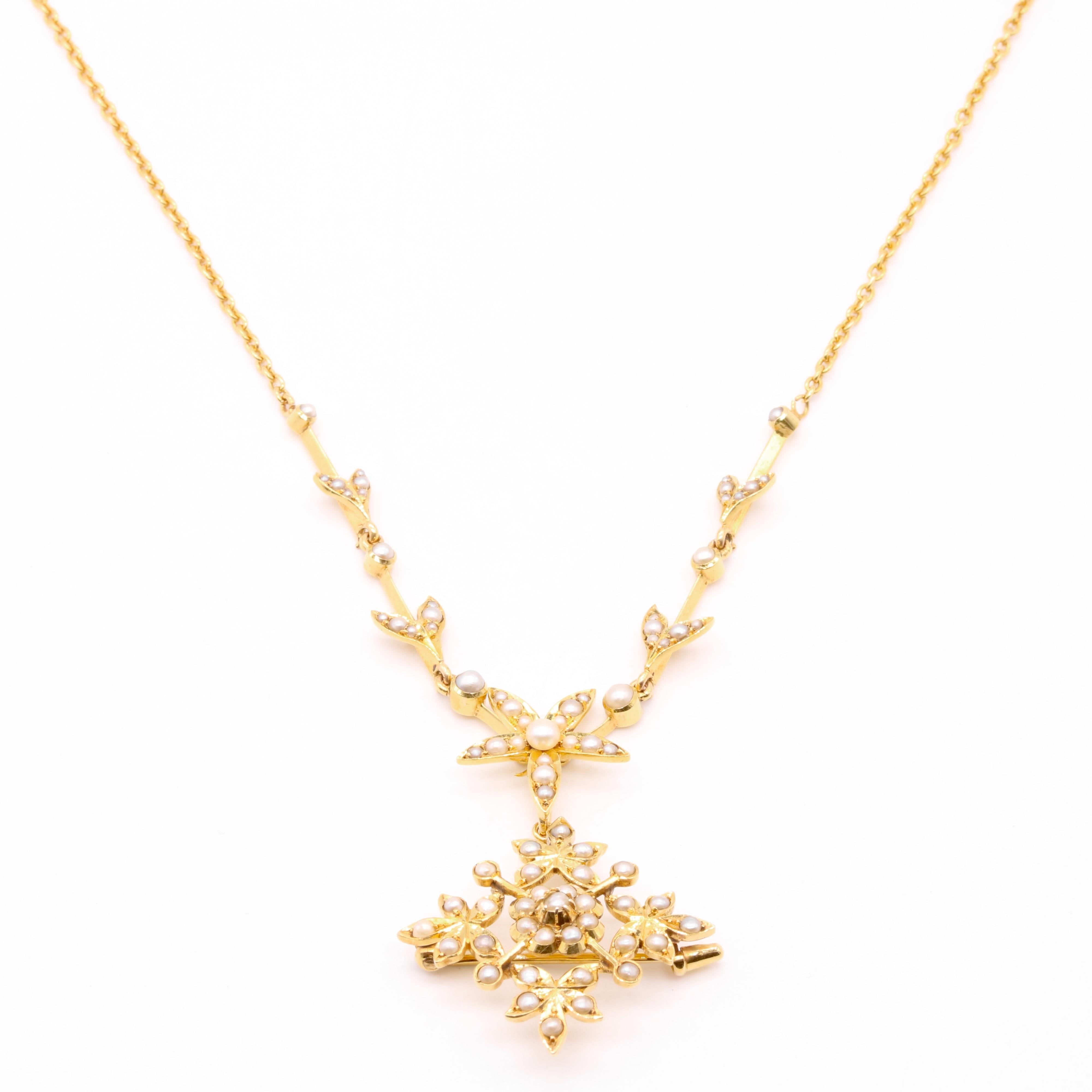 Antique Edwardian 15K Gold Seed Pearl Floral Necklace with Pendant & Brooch For Sale 2