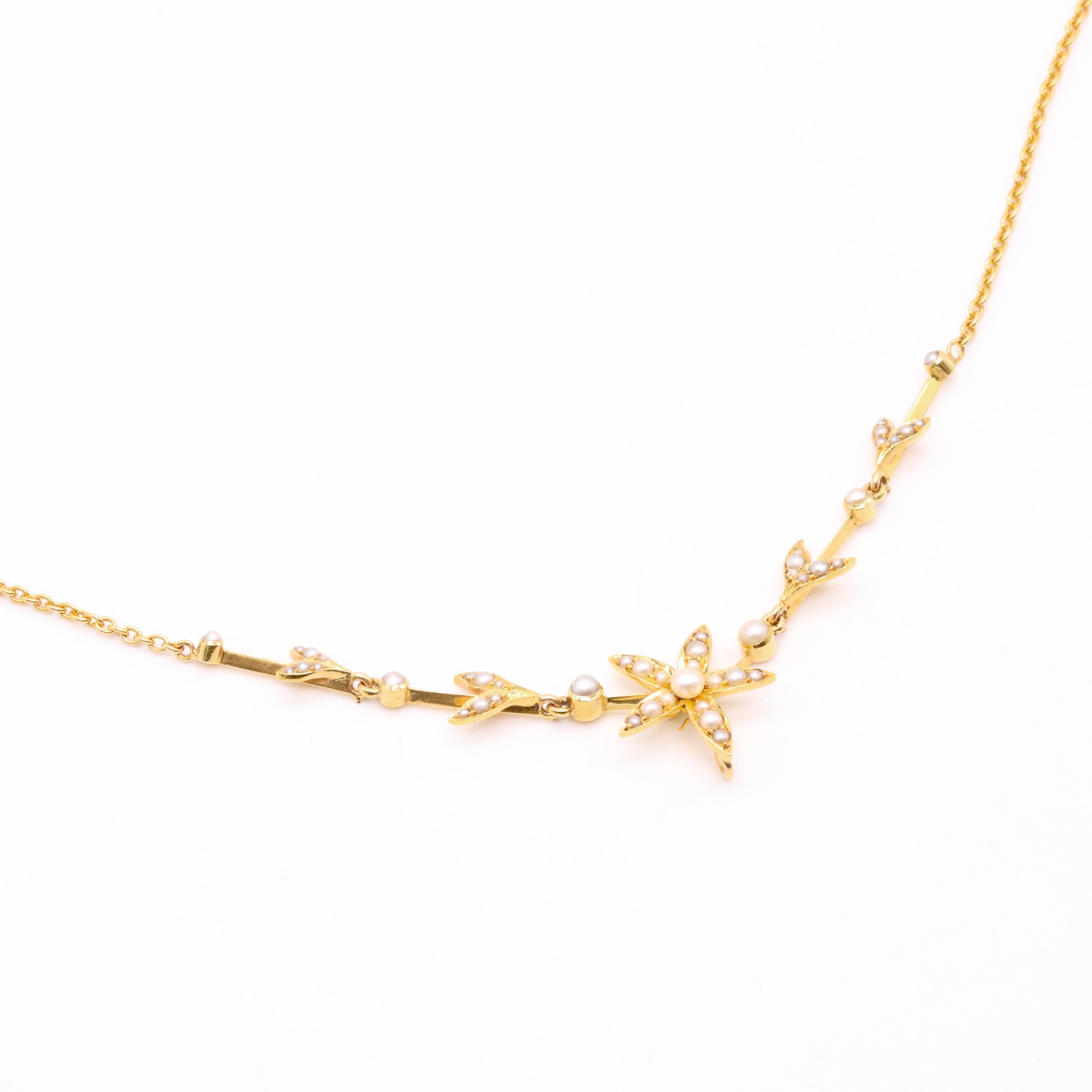 Antique Edwardian 15K Gold Seed Pearl Floral Necklace with Pendant & Brooch For Sale 3