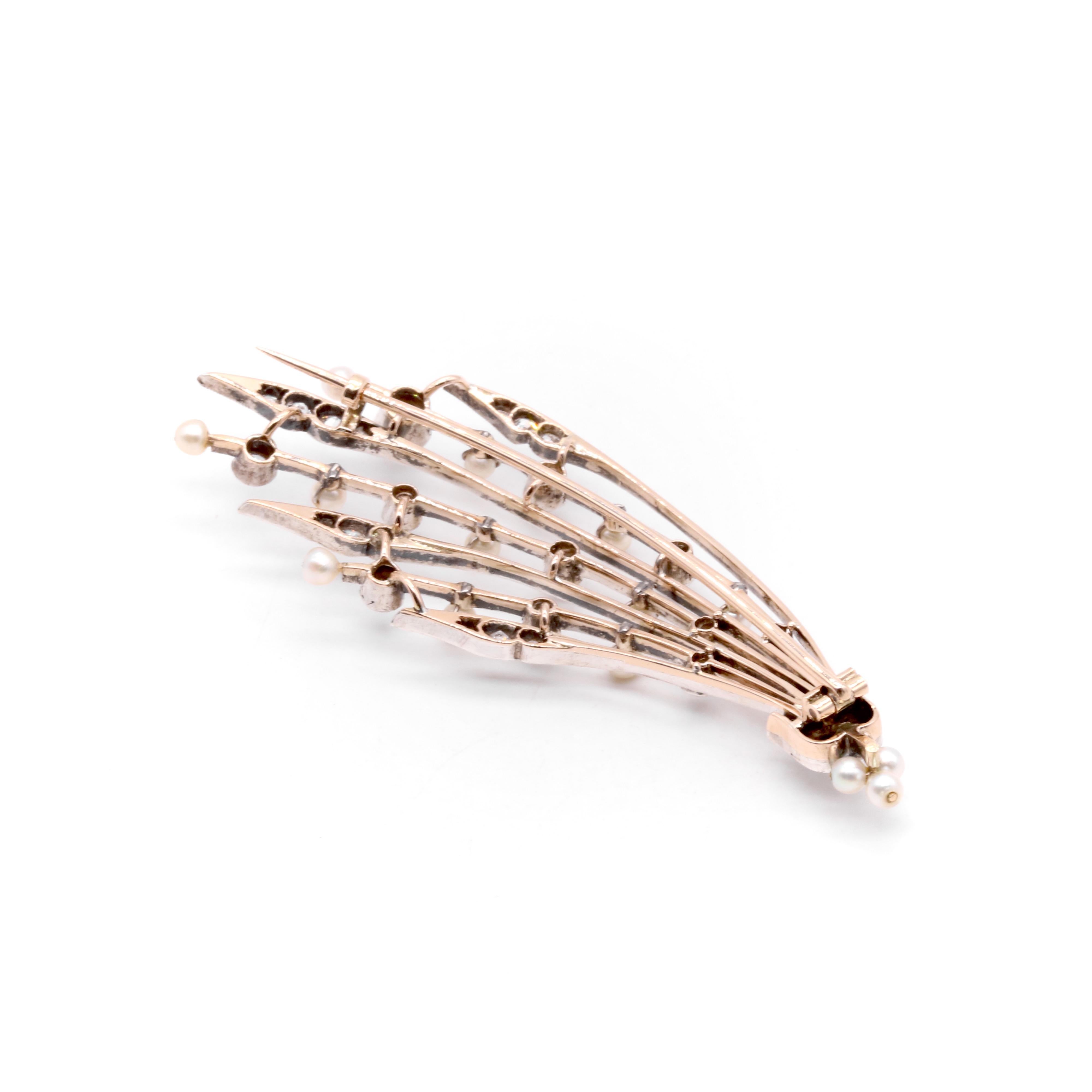 Antique Edwardian 15K Gold & Silver 1.72ctw Diamond Pearl Halley’s Comet Brooch For Sale 3