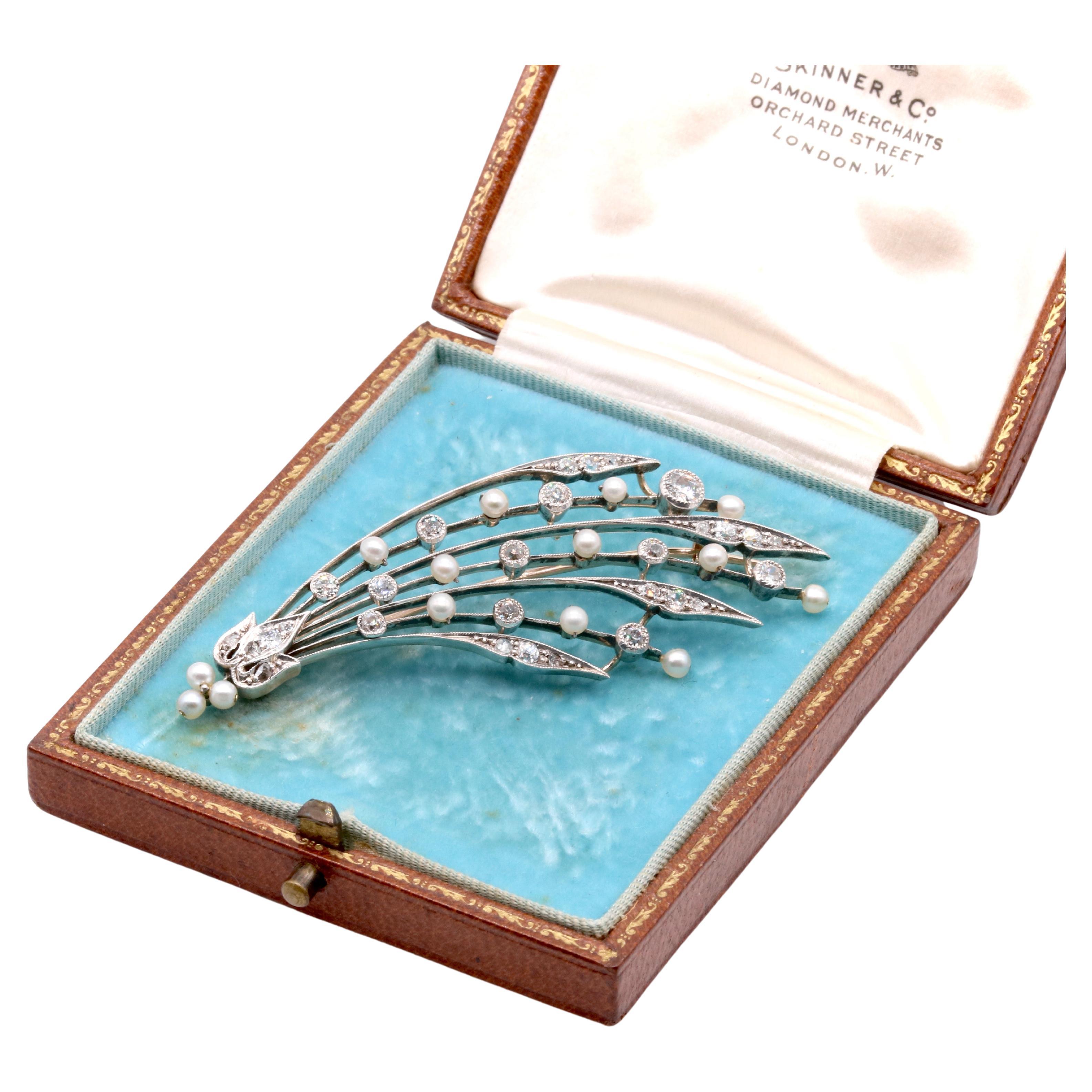 Antique Edwardian 15K Gold & Silver 1.72ctw Diamond Pearl Halley’s Comet Brooch For Sale
